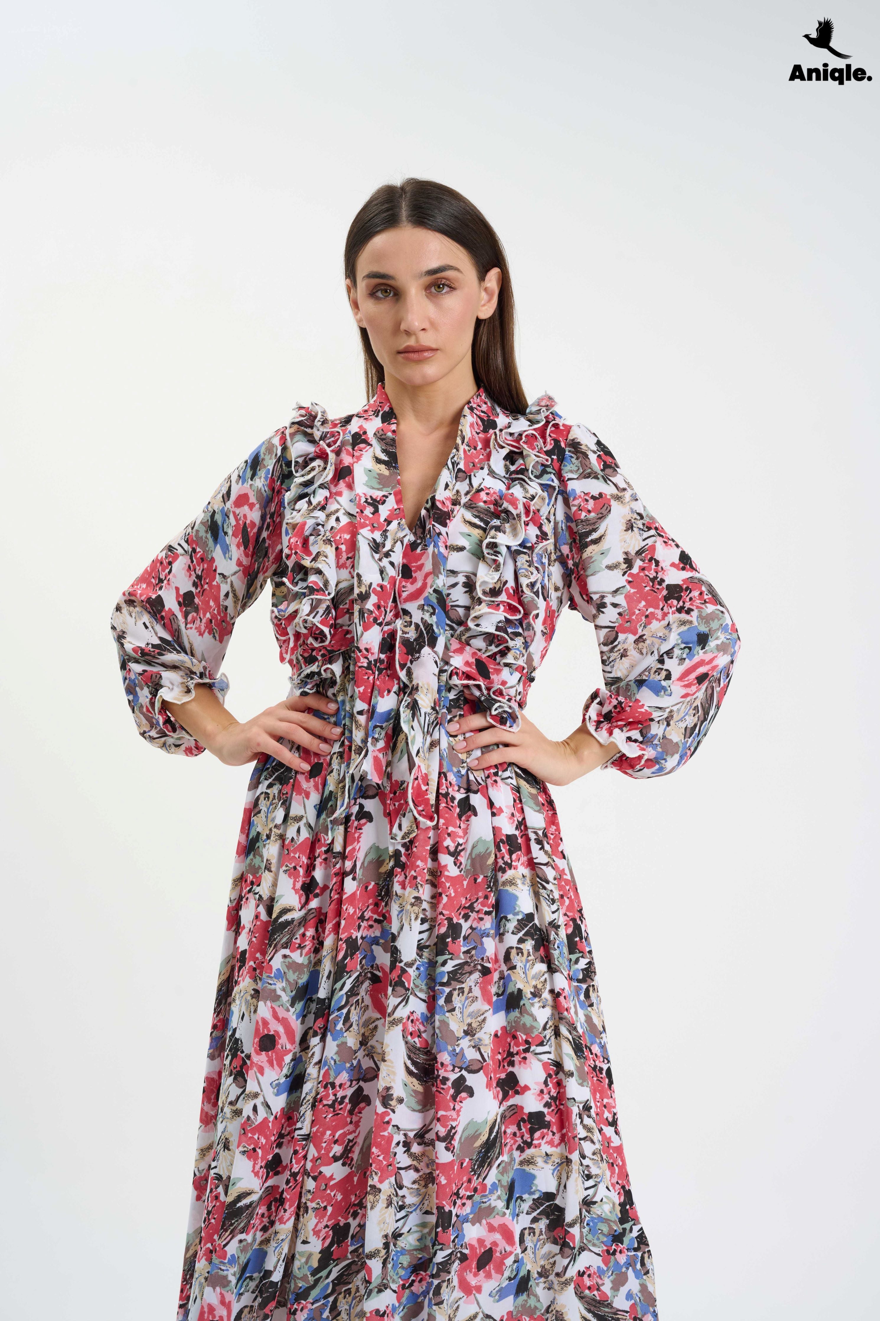 ANQ-10007  Floral ruffle Printed Chiffon Maxi