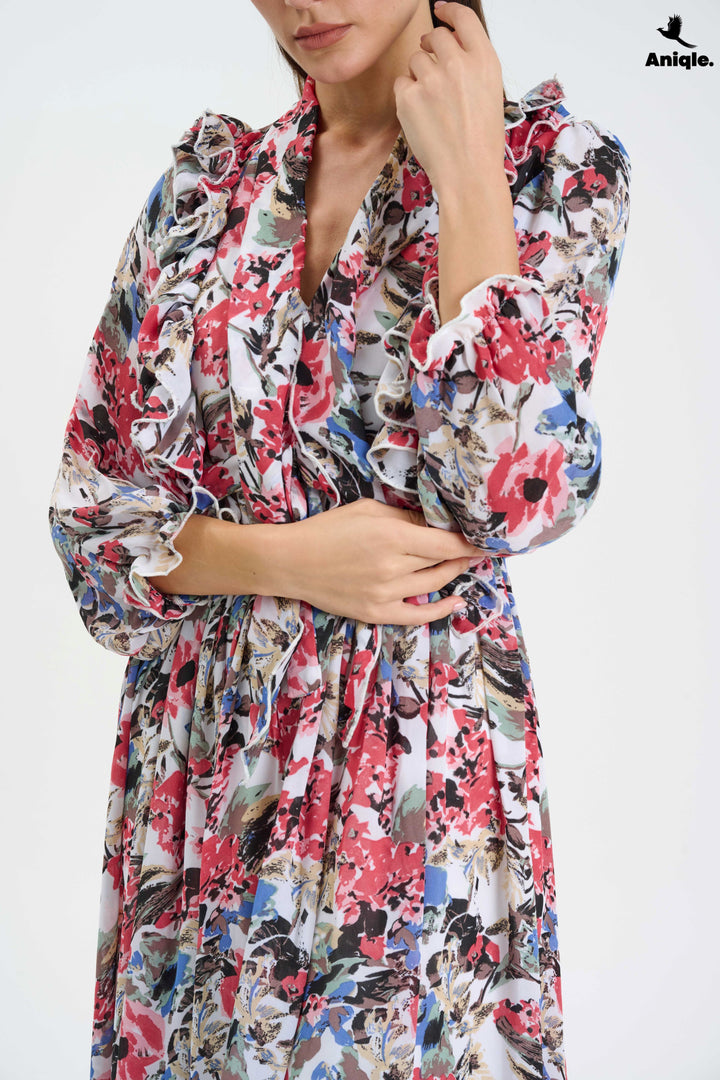 Floral ruffle Printed Chiffon Maxi