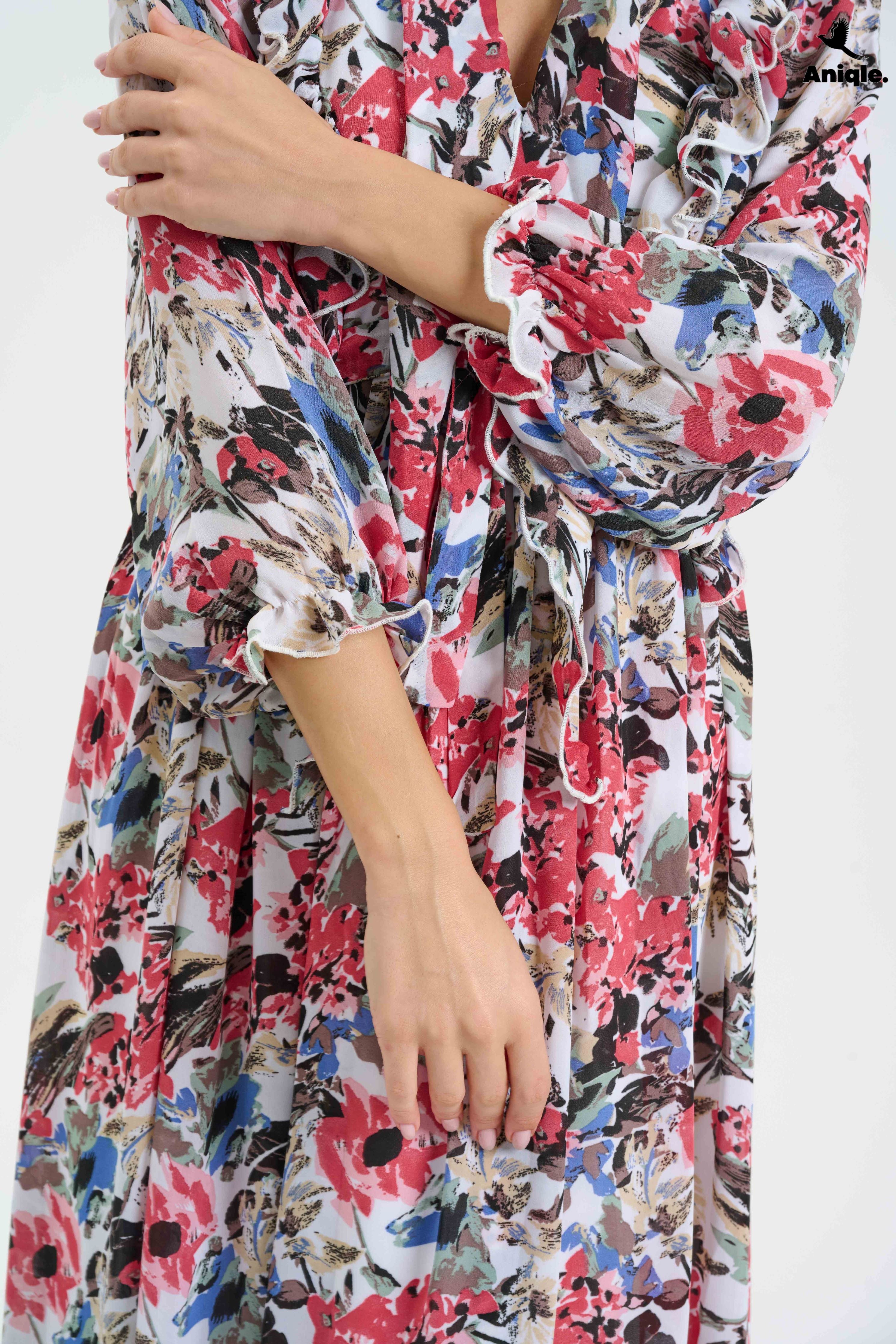 ANQ-10007  Floral ruffle Printed Chiffon Maxi