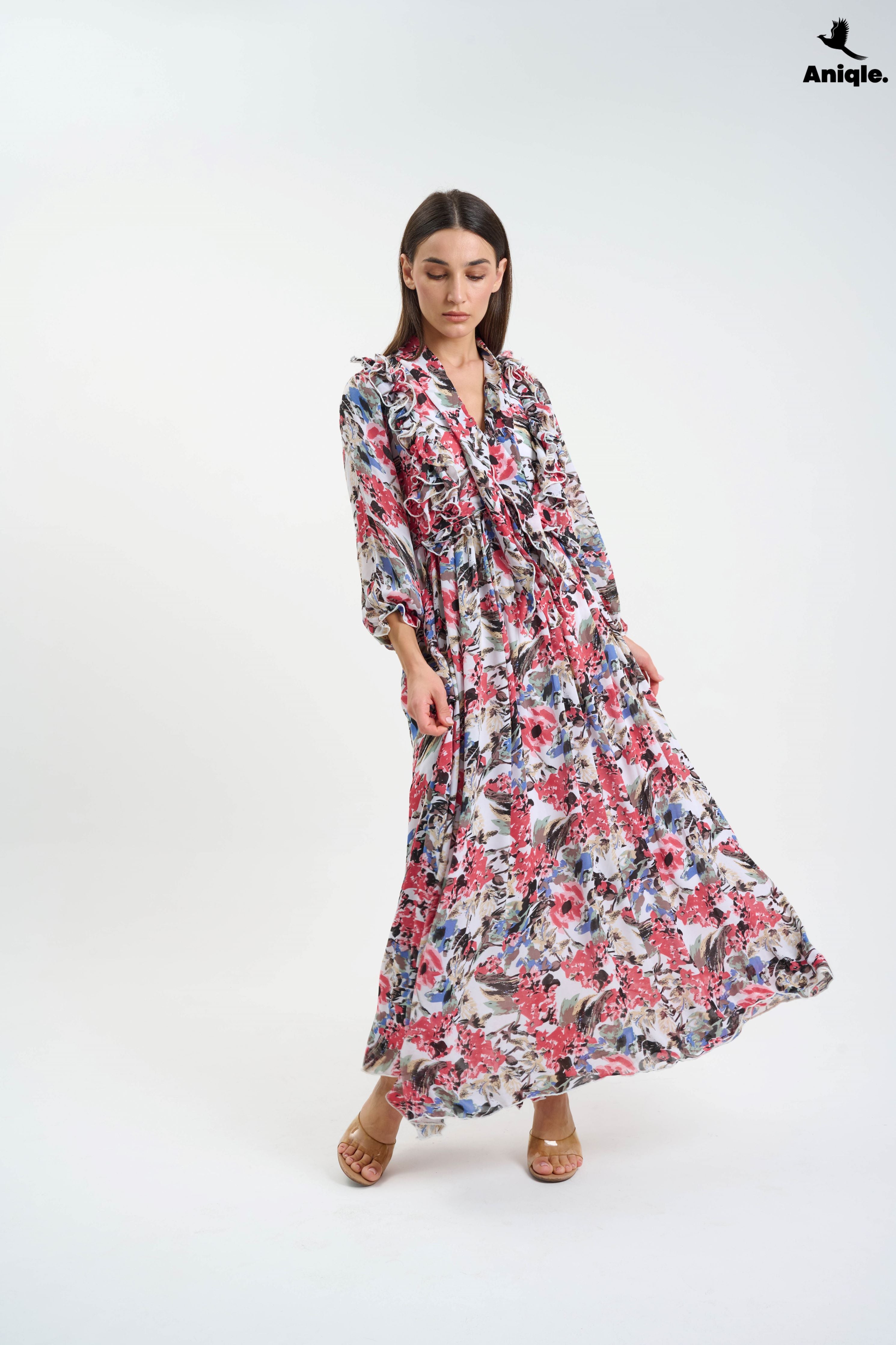 ANQ-10007  Floral ruffle Printed Chiffon Maxi