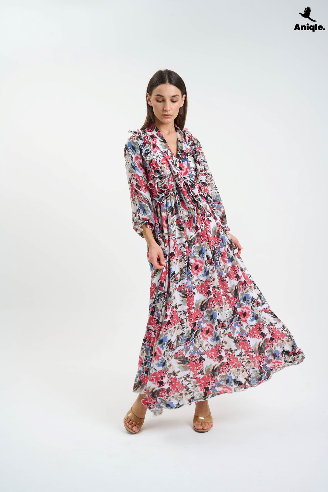 Floral ruffle Printed Chiffon Maxi