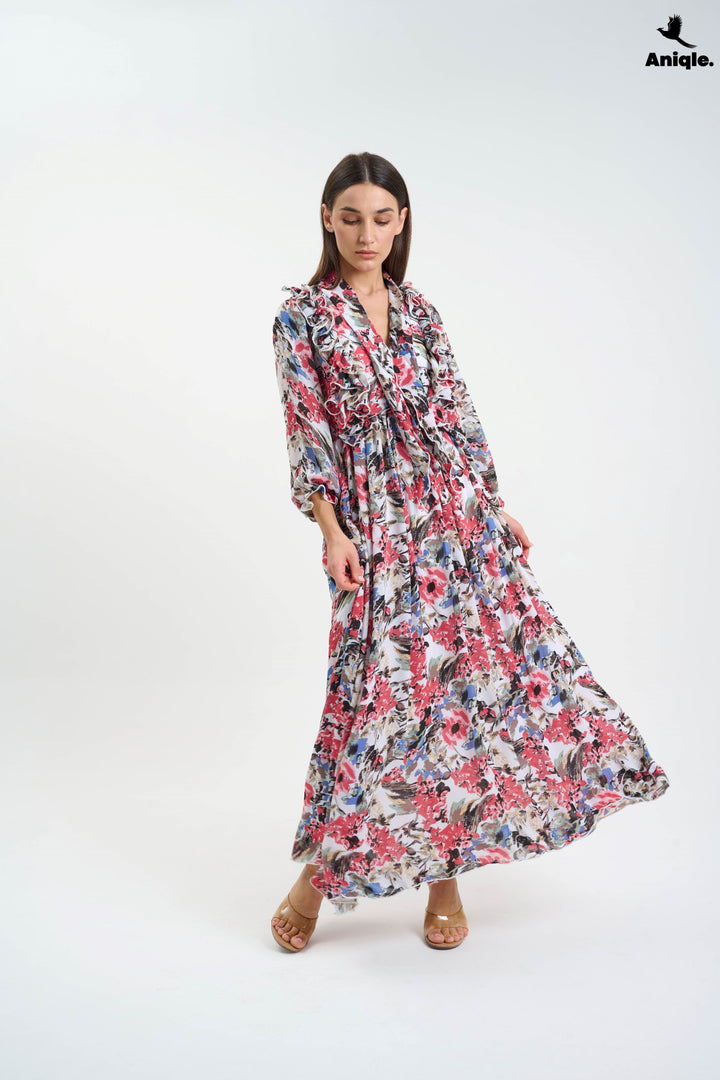 Floral ruffle Printed Chiffon Maxi