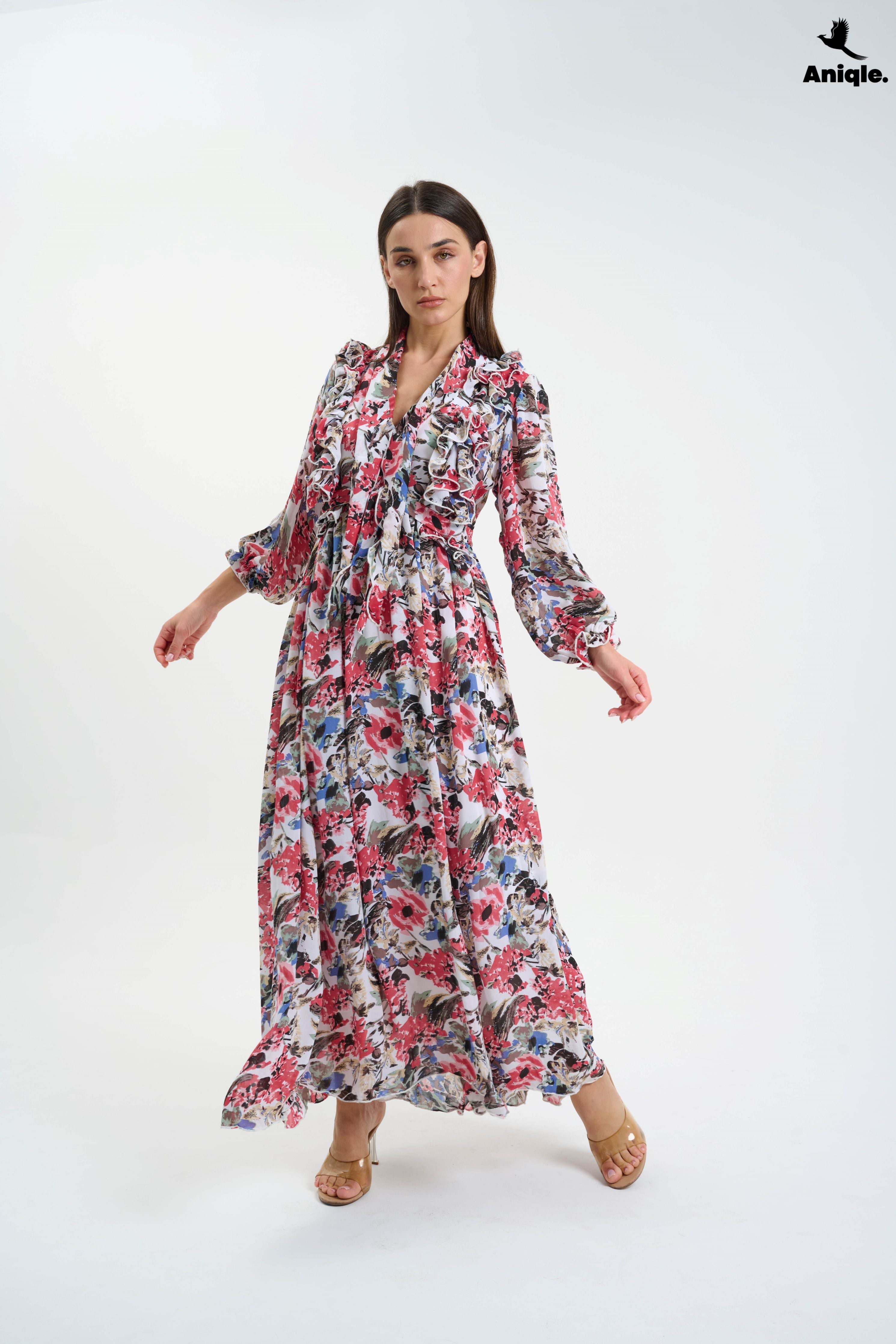 ANQ-10007  Floral ruffle Printed Chiffon Maxi