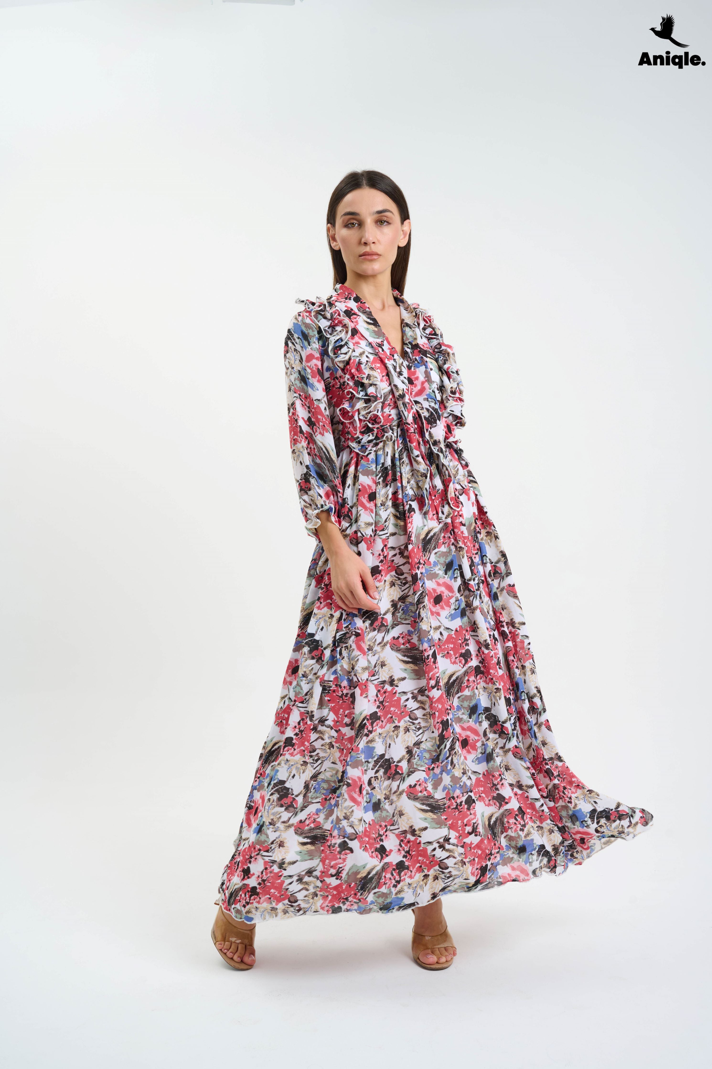 ANQ-10007  Floral ruffle Printed Chiffon Maxi