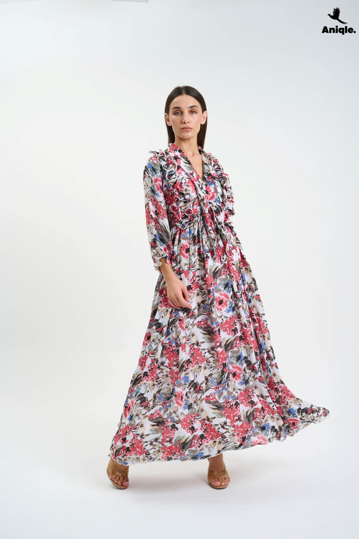 Floral ruffle Printed Chiffon Maxi