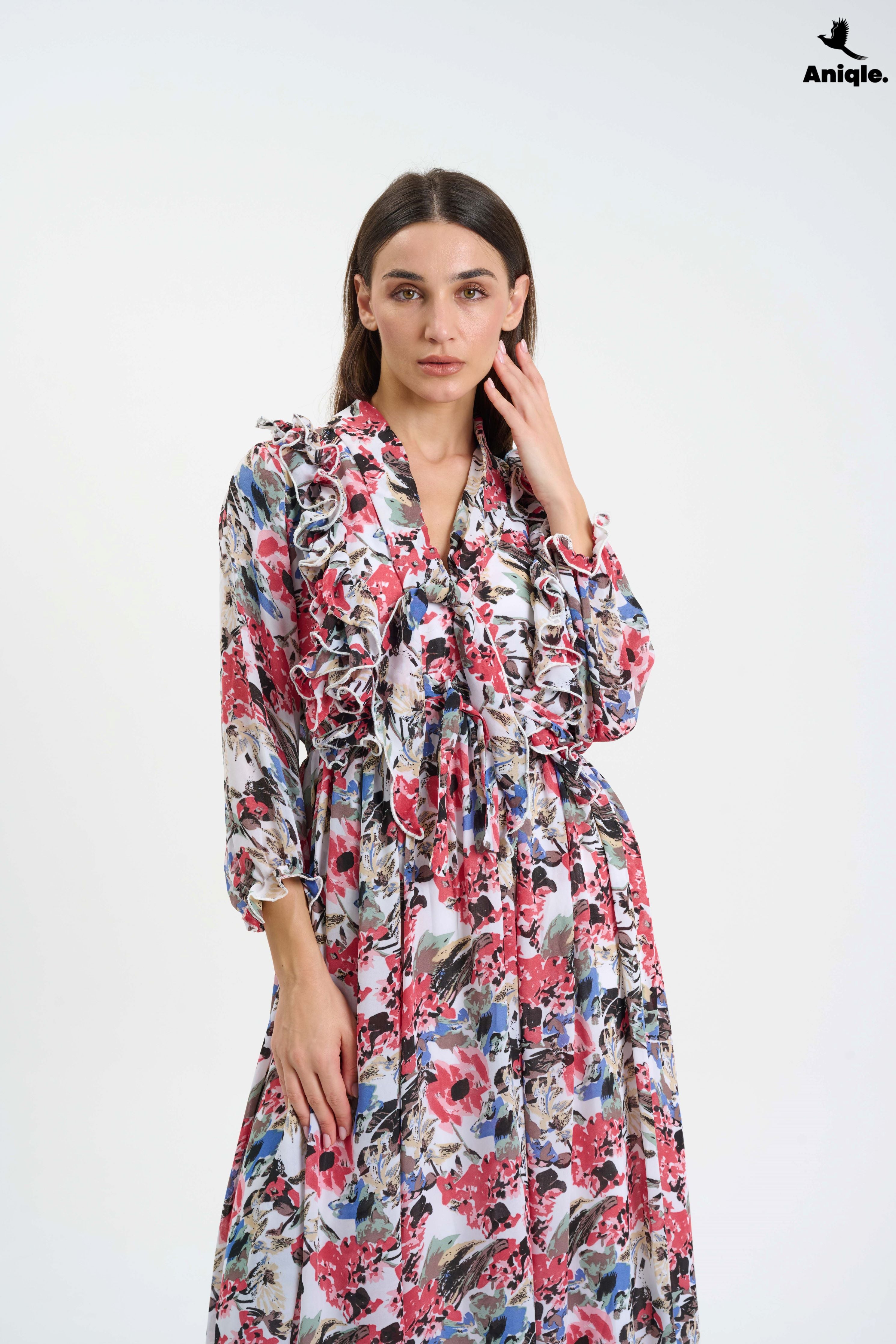 ANQ-10007  Floral ruffle Printed Chiffon Maxi