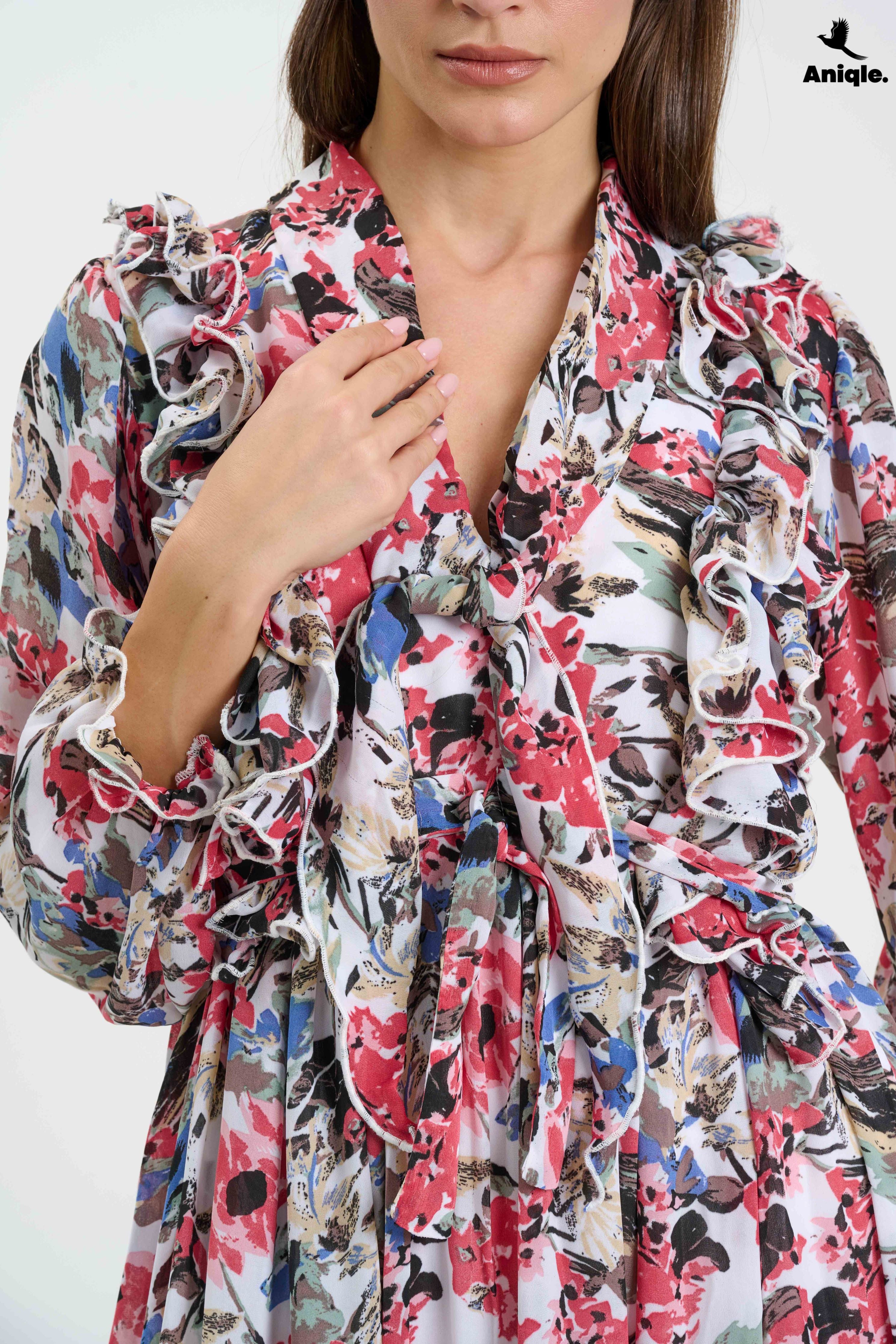 ANQ-10007  Floral ruffle Printed Chiffon Maxi