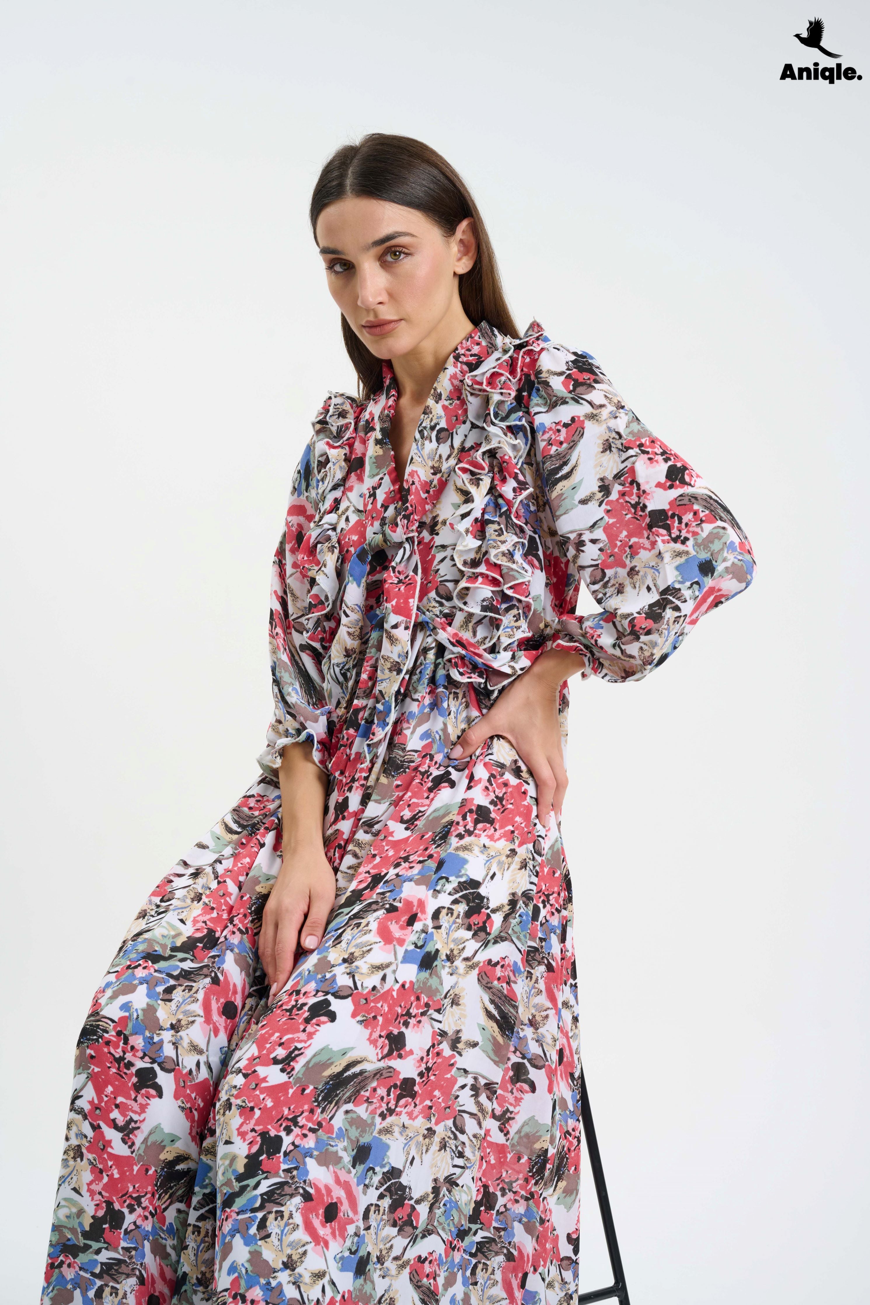 ANQ-10007  Floral ruffle Printed Chiffon Maxi