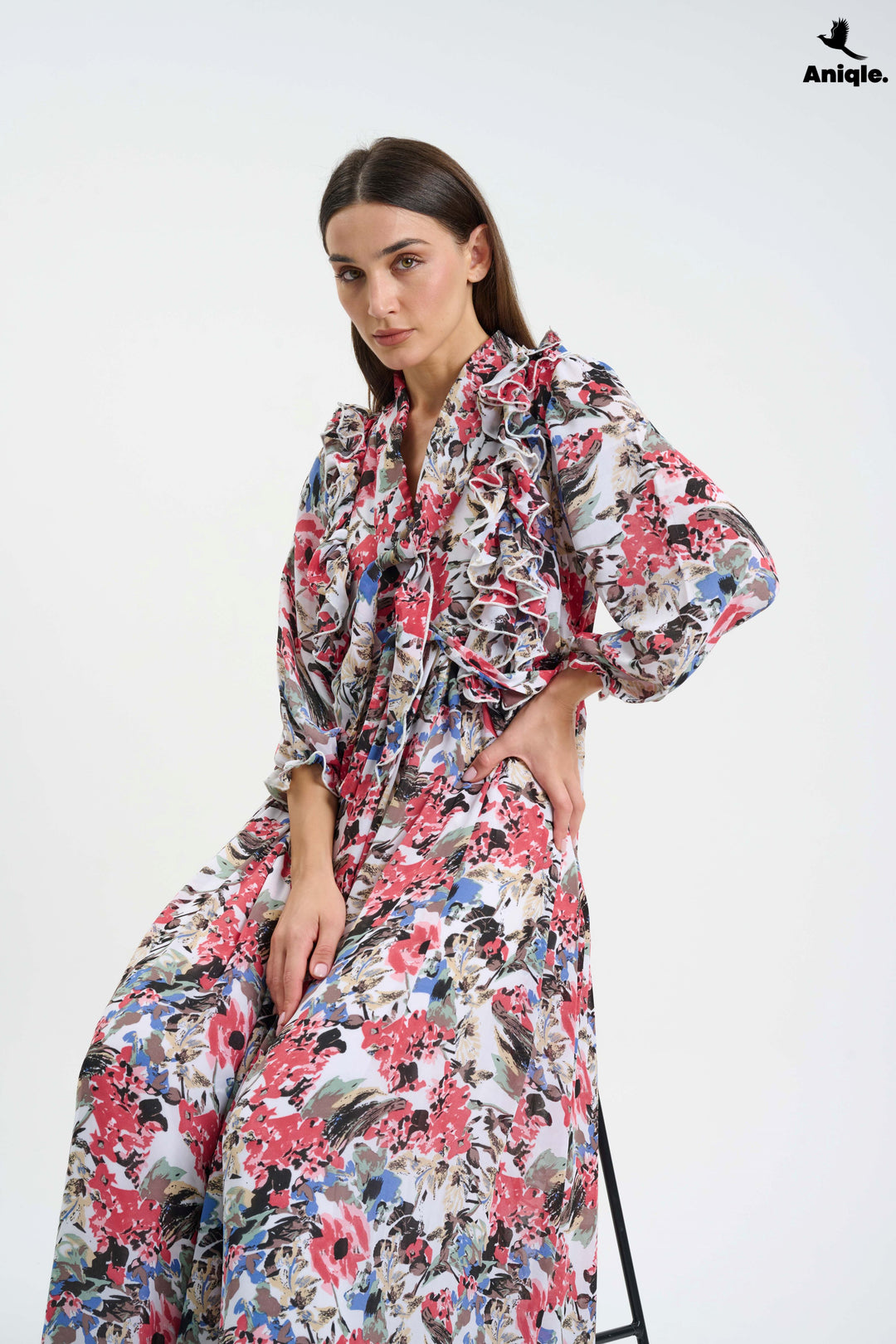 Floral ruffle Printed Chiffon Maxi