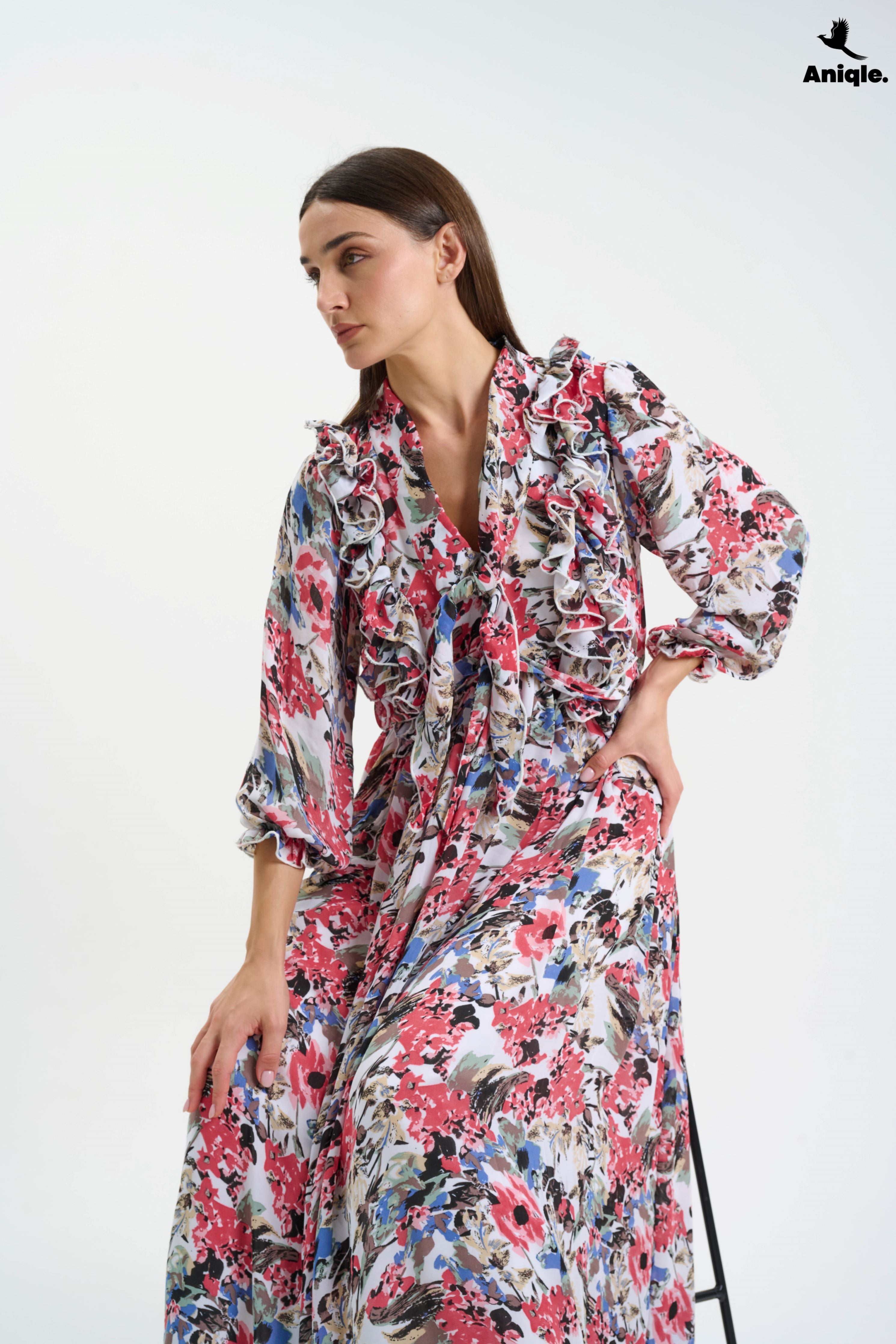 ANQ-10007  Floral ruffle Printed Chiffon Maxi