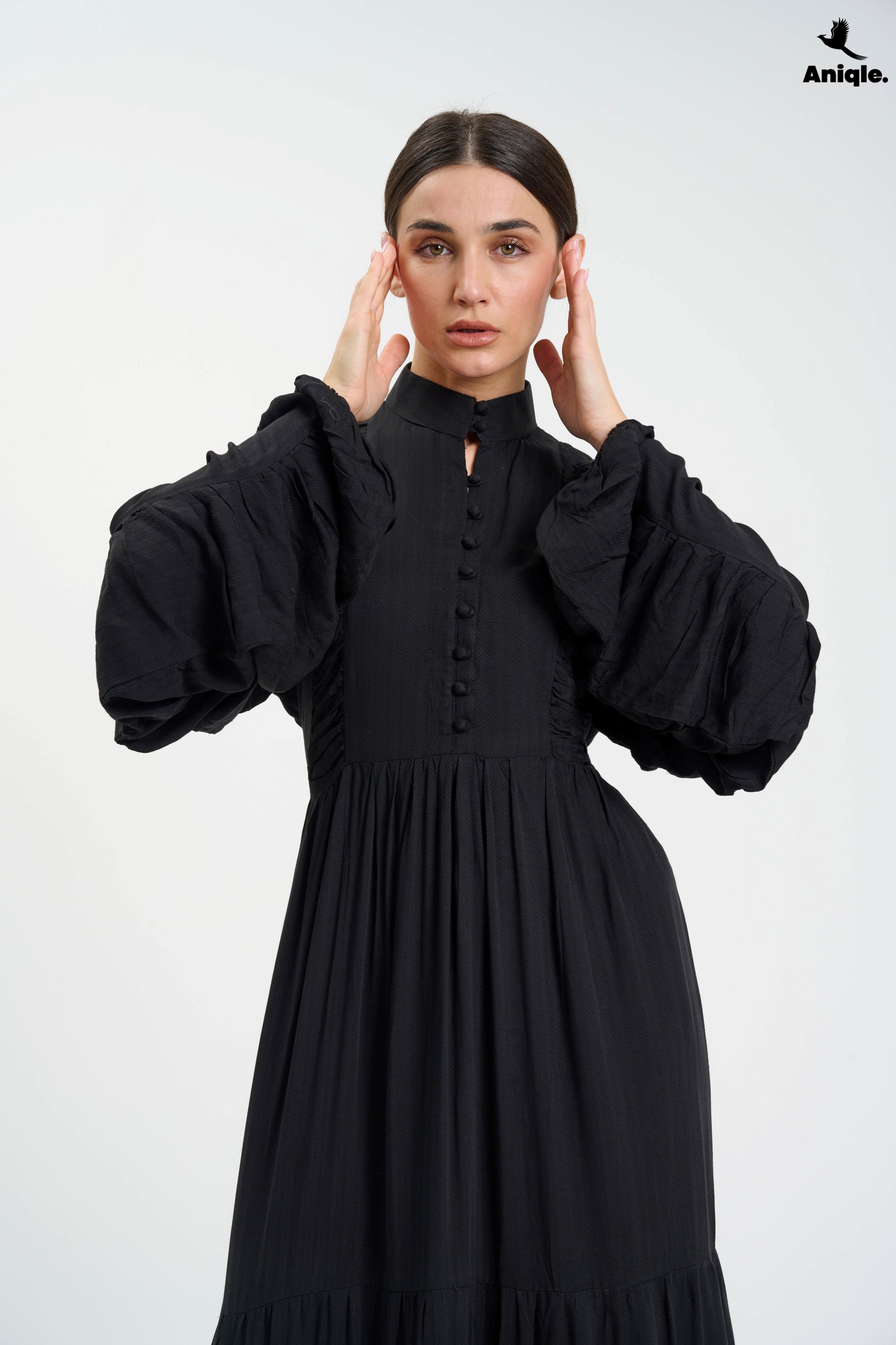 ANQ-10006 Black high-neck  tiered Maxi