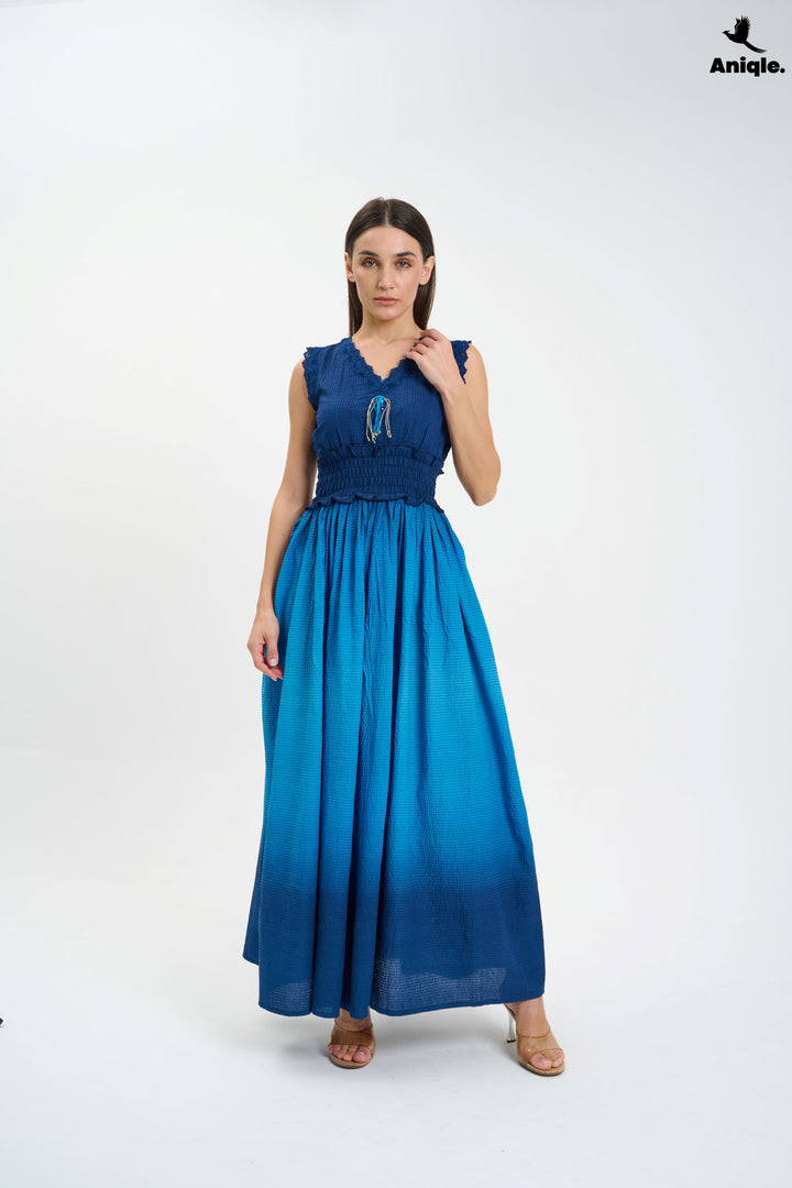 Navy Blue Tie and Dye Cotton Maxi Dress