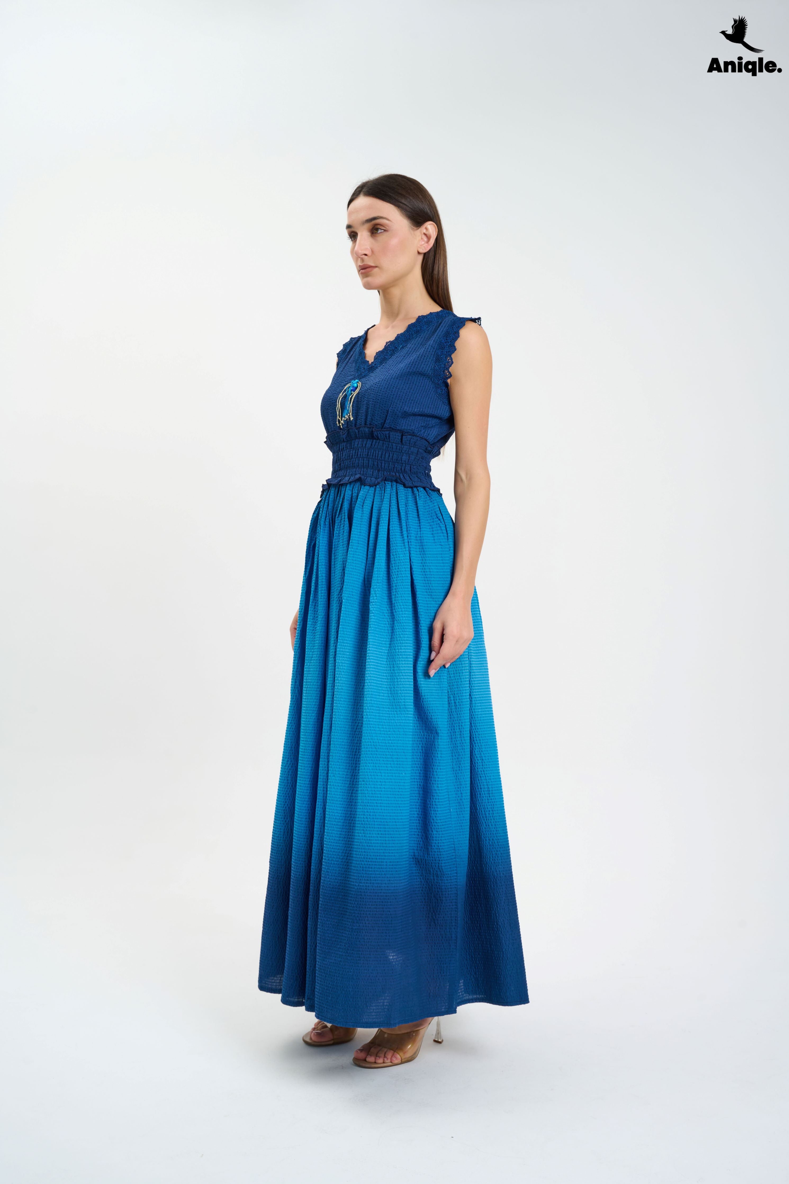 ANQ-10011 Navy Blue Tie and Dye Cotton Maxi Dress