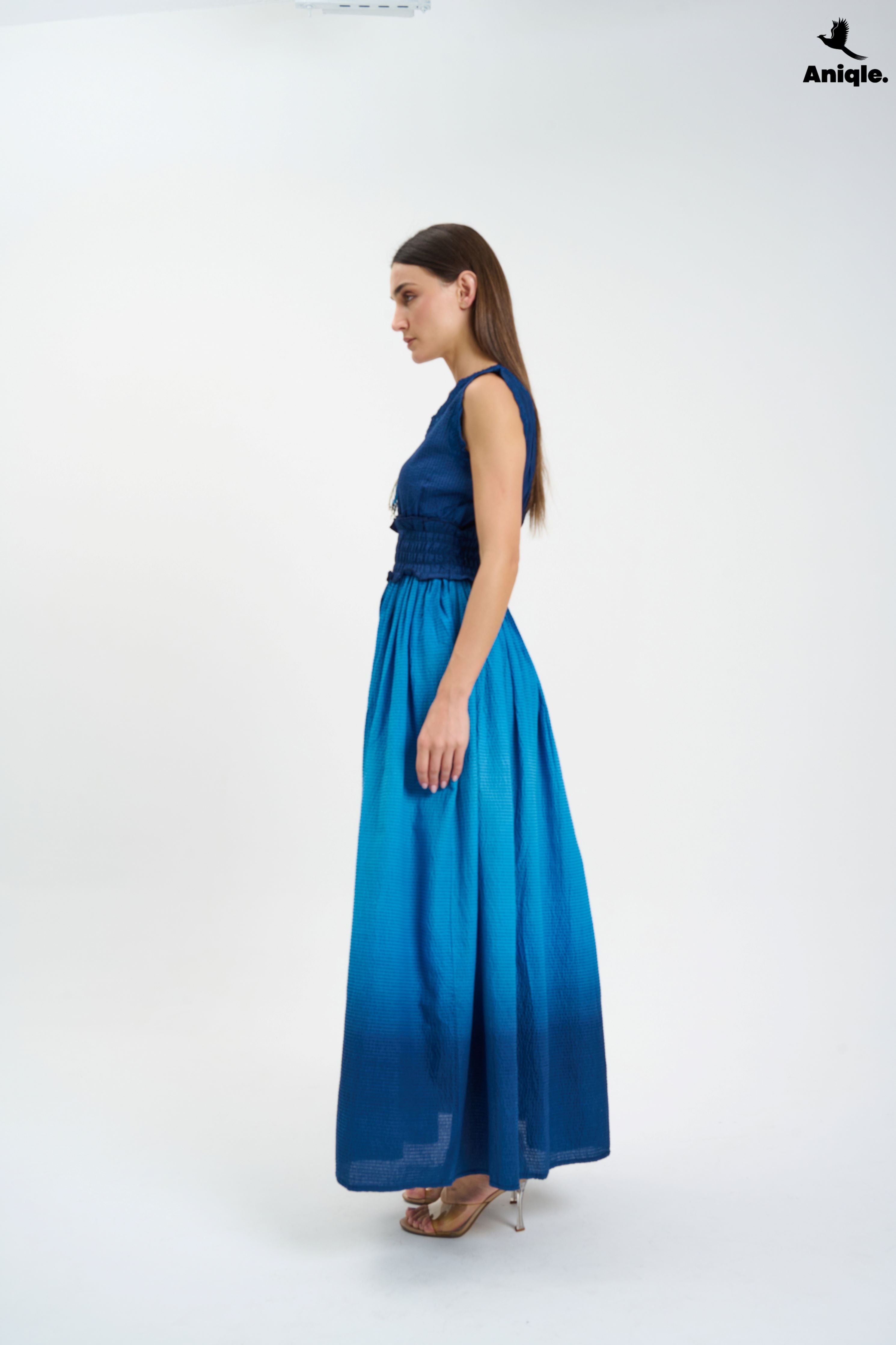 ANQ-10011 Navy Blue Tie and Dye Cotton Maxi Dress
