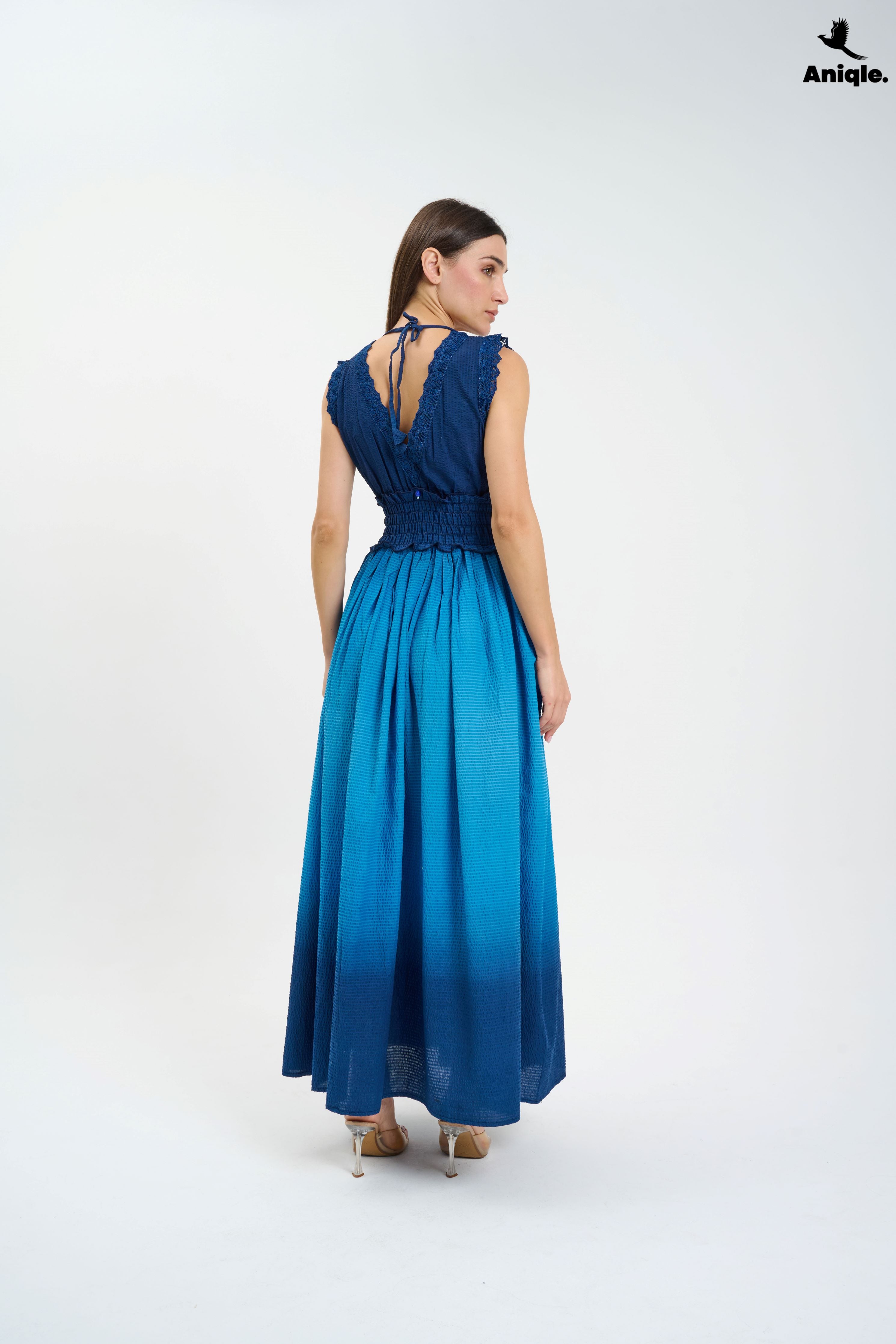 ANQ-10011 Navy Blue Tie and Dye Cotton Maxi Dress