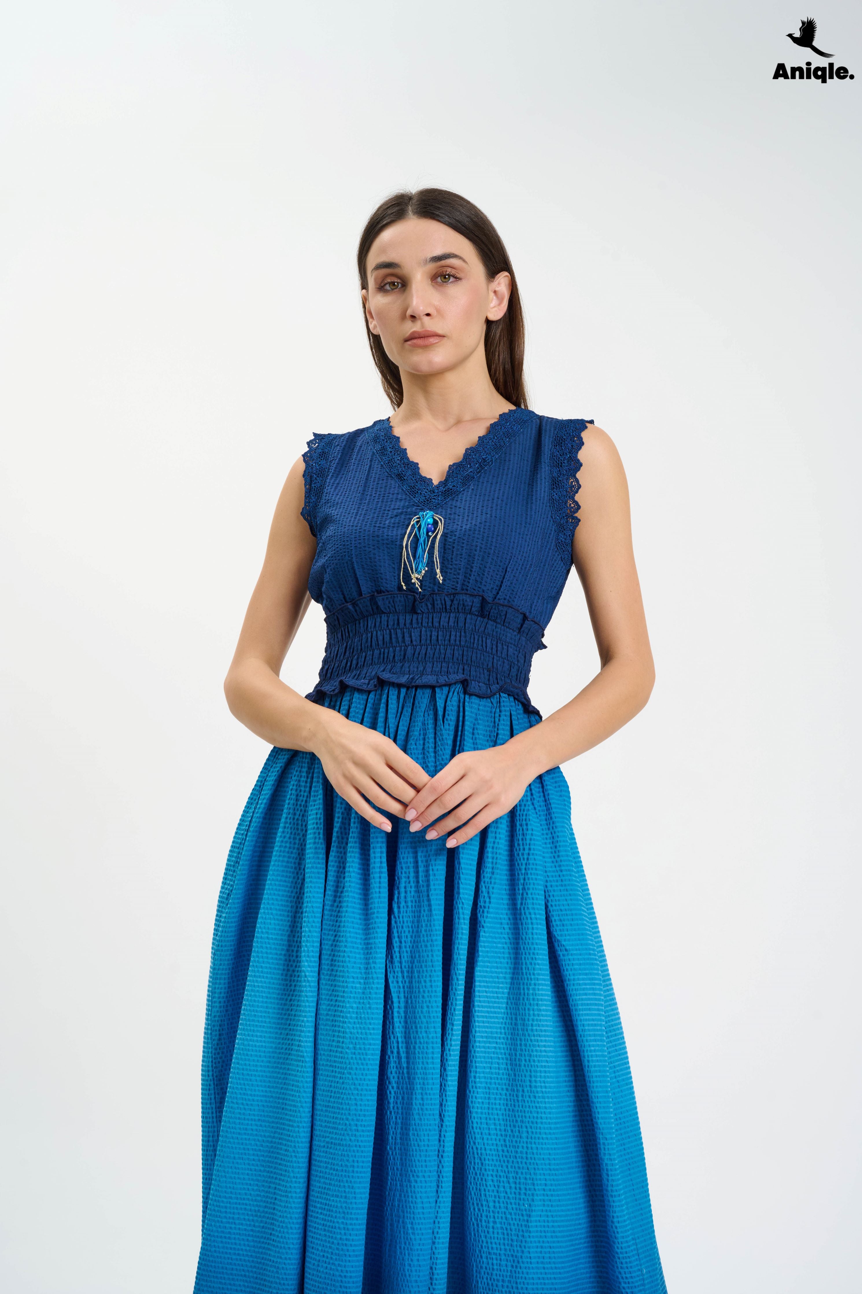 ANQ-10011 Navy Blue Tie and Dye Cotton Maxi Dress