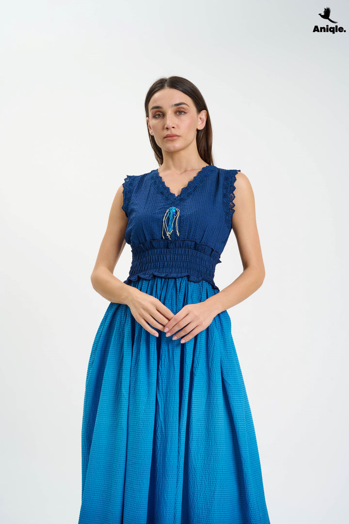 Navy Blue Tie and Dye Cotton Maxi Dress