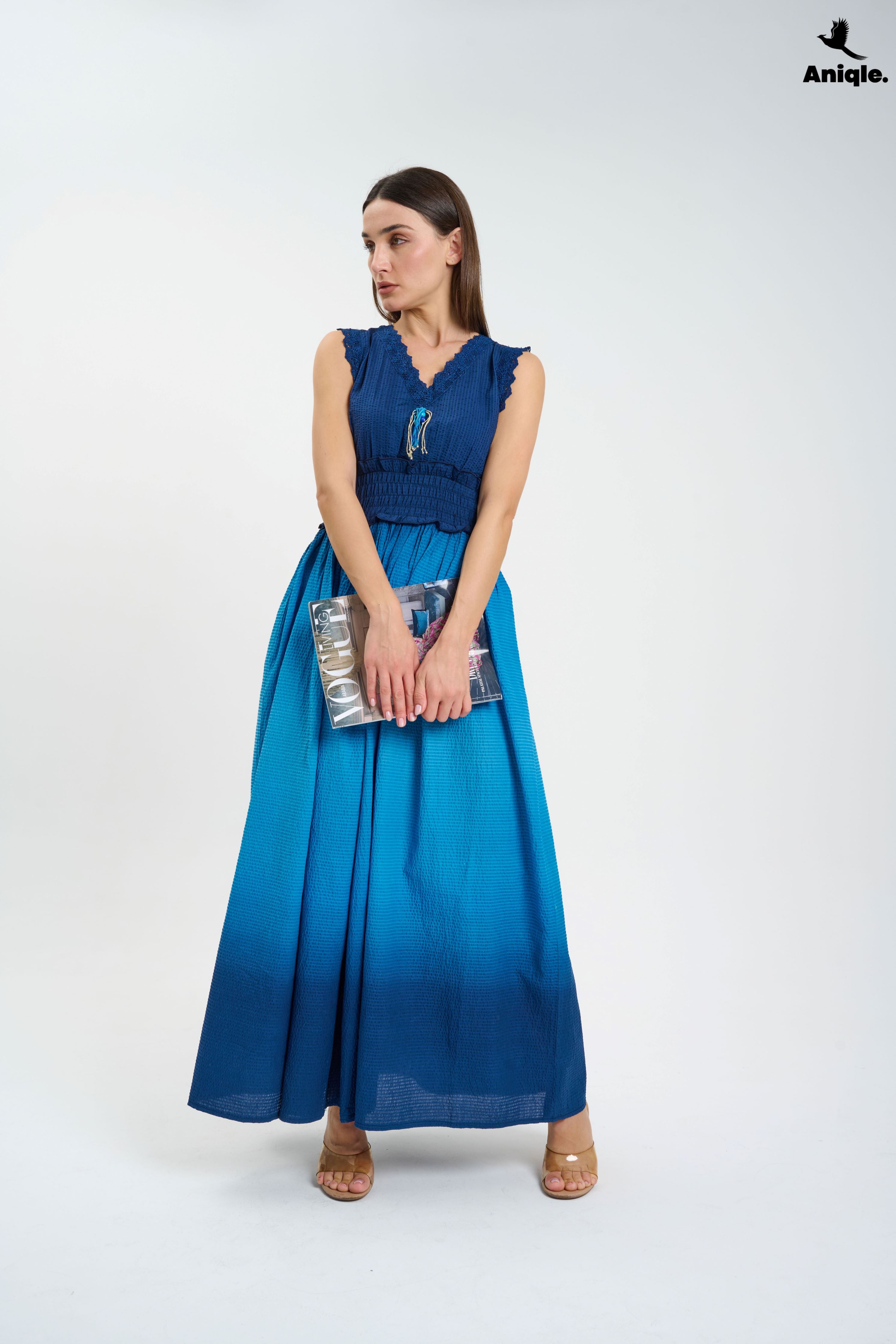 ANQ-10011 Navy Blue Tie and Dye Cotton Maxi Dress