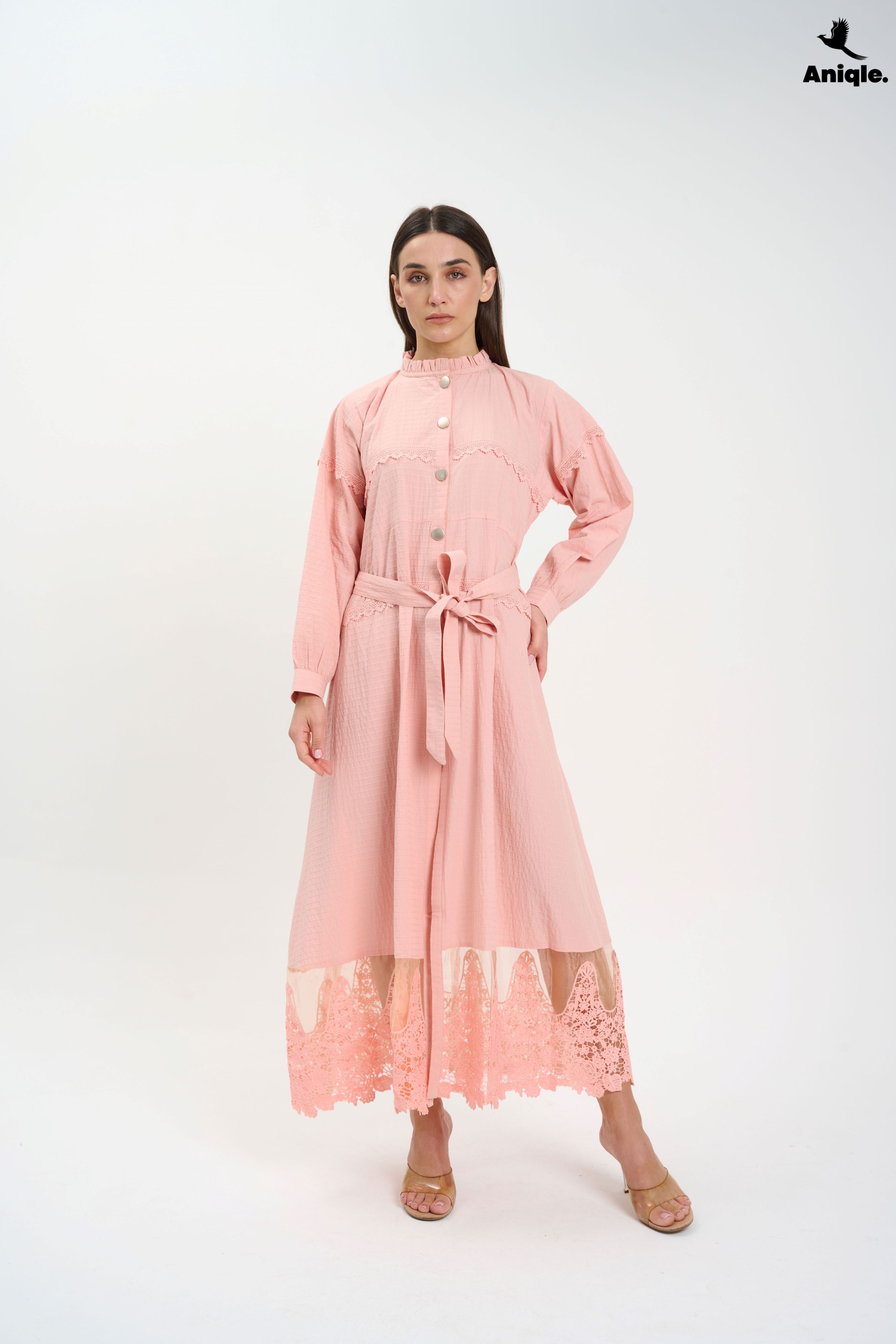 ANQ-10016 Blush Pink Lace-Trimmed Button-Down Midi Dress