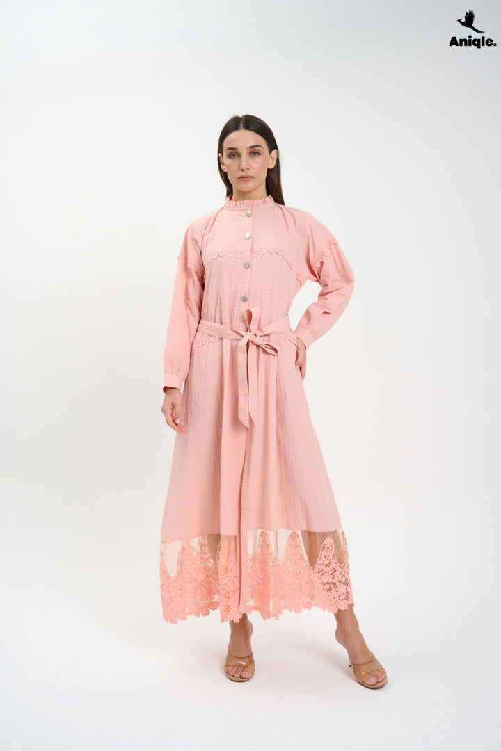 Blush Pink Lace-Trimmed Button-Down Midi Dress