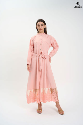 ANQ-10016 Blush Pink Lace-Trimmed Button-Down Midi Dress