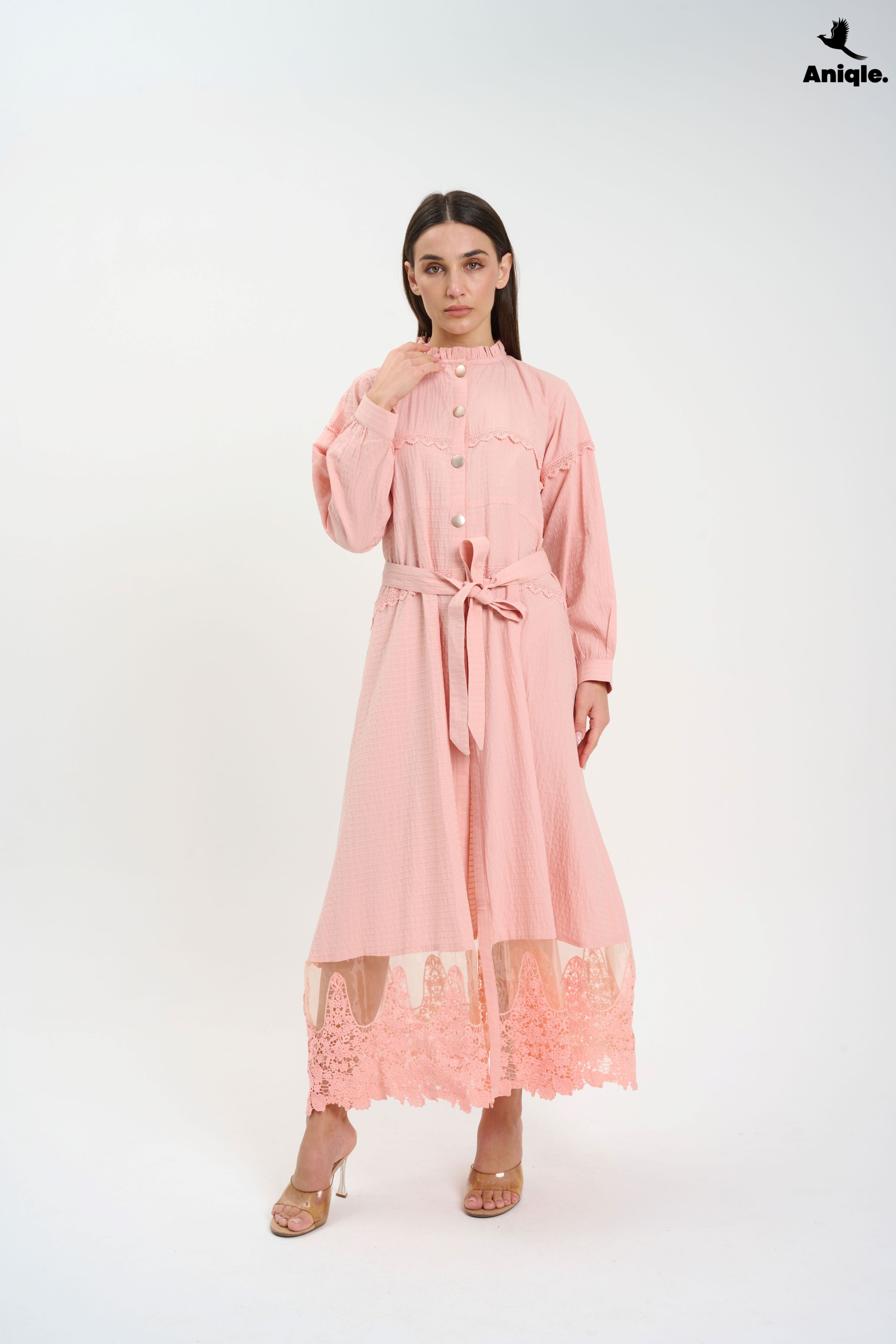 ANQ-10016 Blush Pink Lace-Trimmed Button-Down Midi Dress