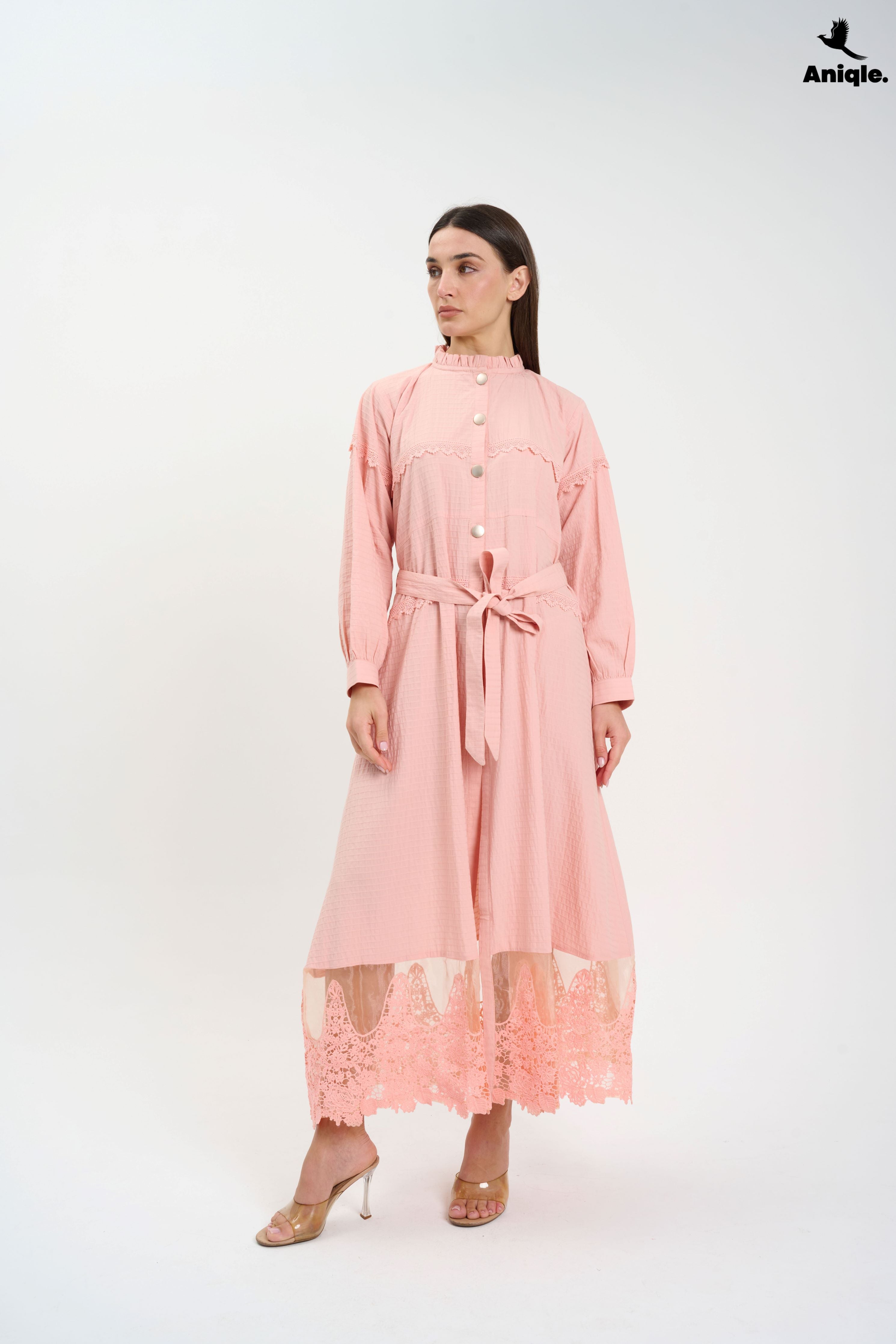 ANQ-10016 Blush Pink Lace-Trimmed Button-Down Midi Dress