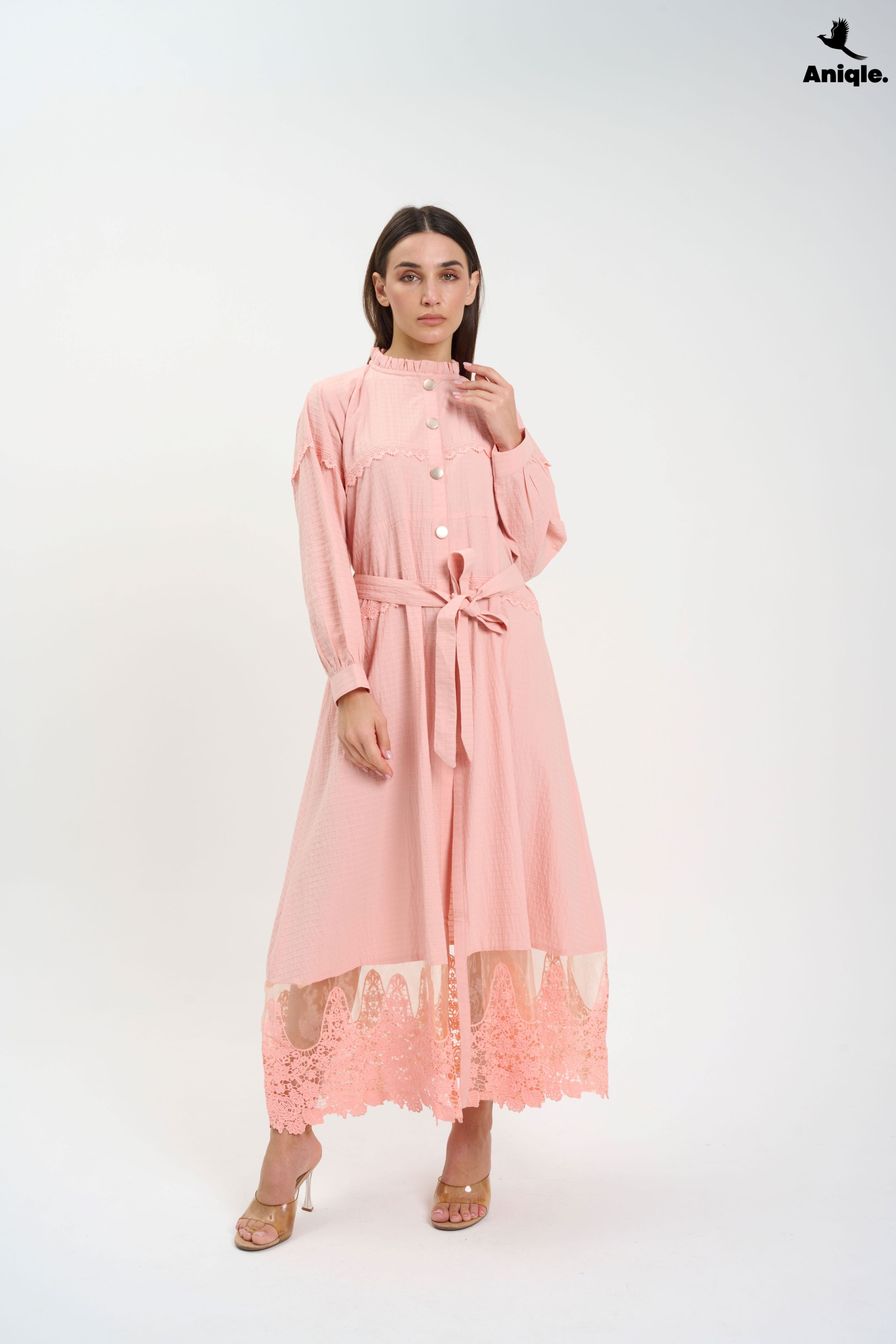 ANQ-10016 Blush Pink Lace-Trimmed Button-Down Midi Dress