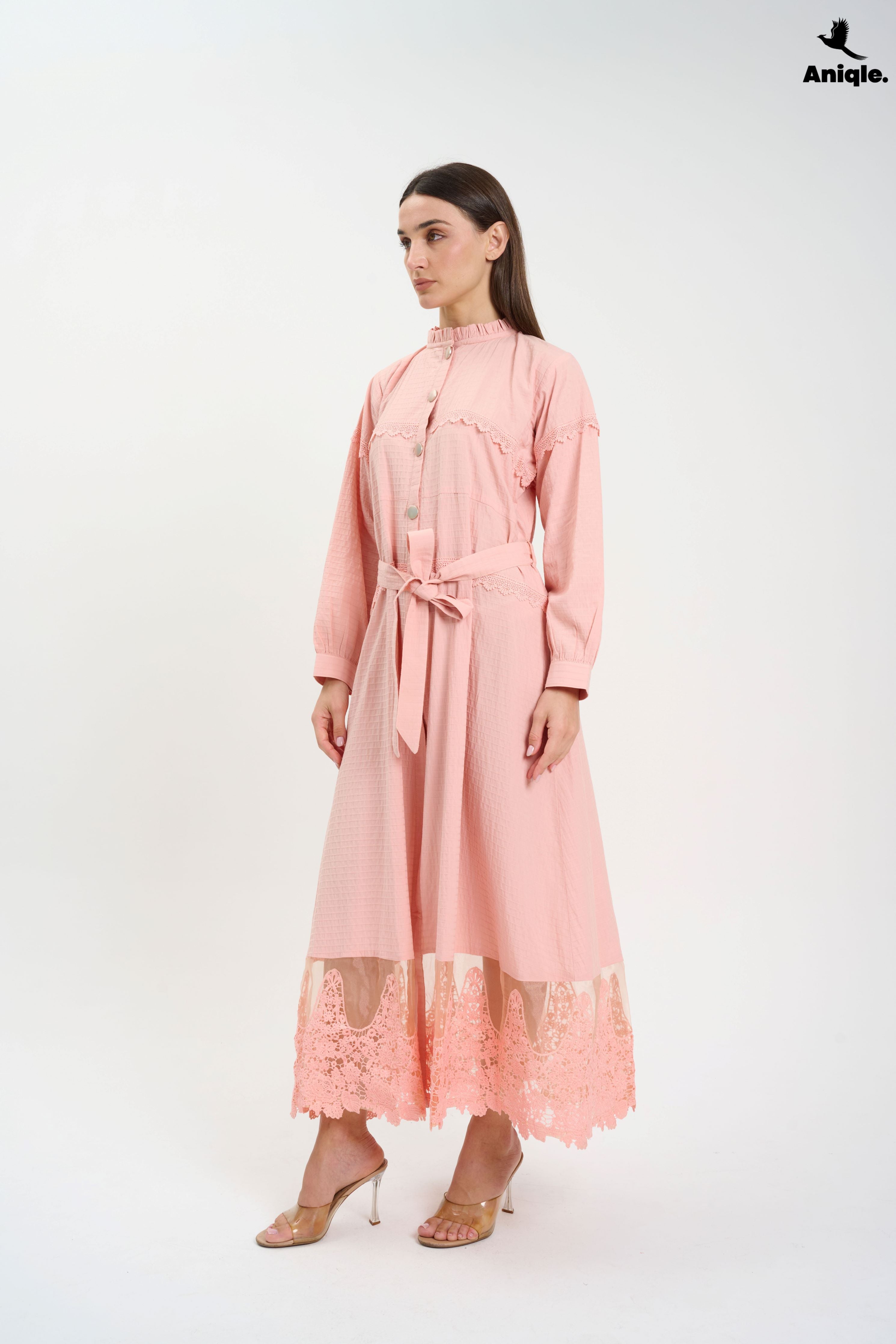 ANQ-10016 Blush Pink Lace-Trimmed Button-Down Midi Dress