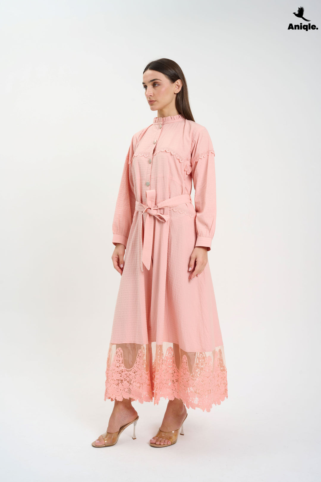 Blush Pink Lace-Trimmed Button-Down Midi Dress