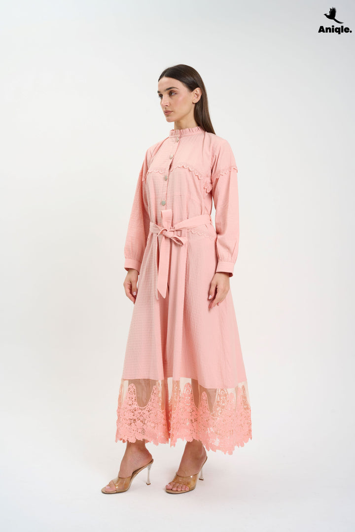 Blush Pink Lace-Trimmed Button-Down Midi Dress