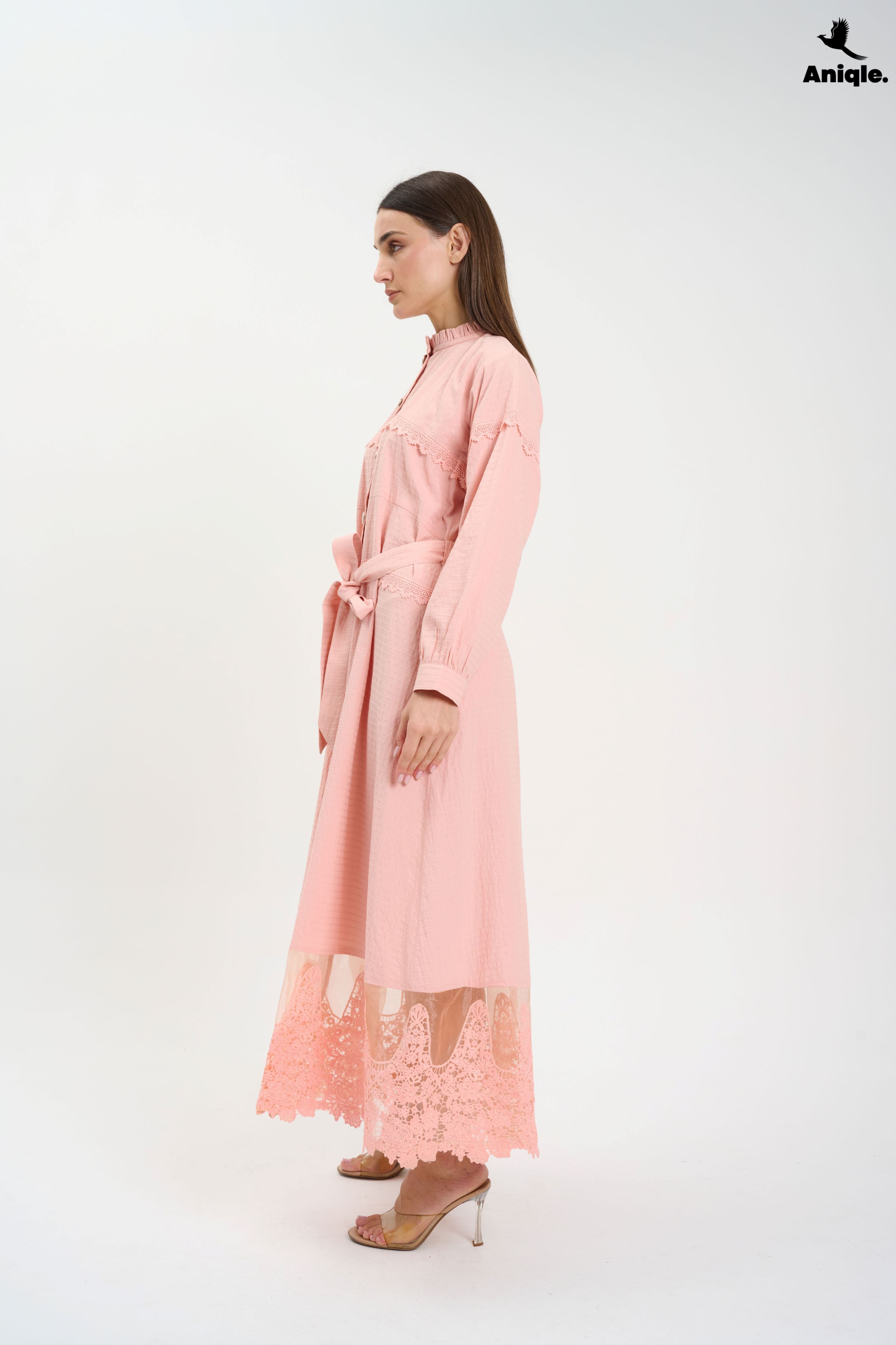 ANQ-10016 Blush Pink Lace-Trimmed Button-Down Midi Dress