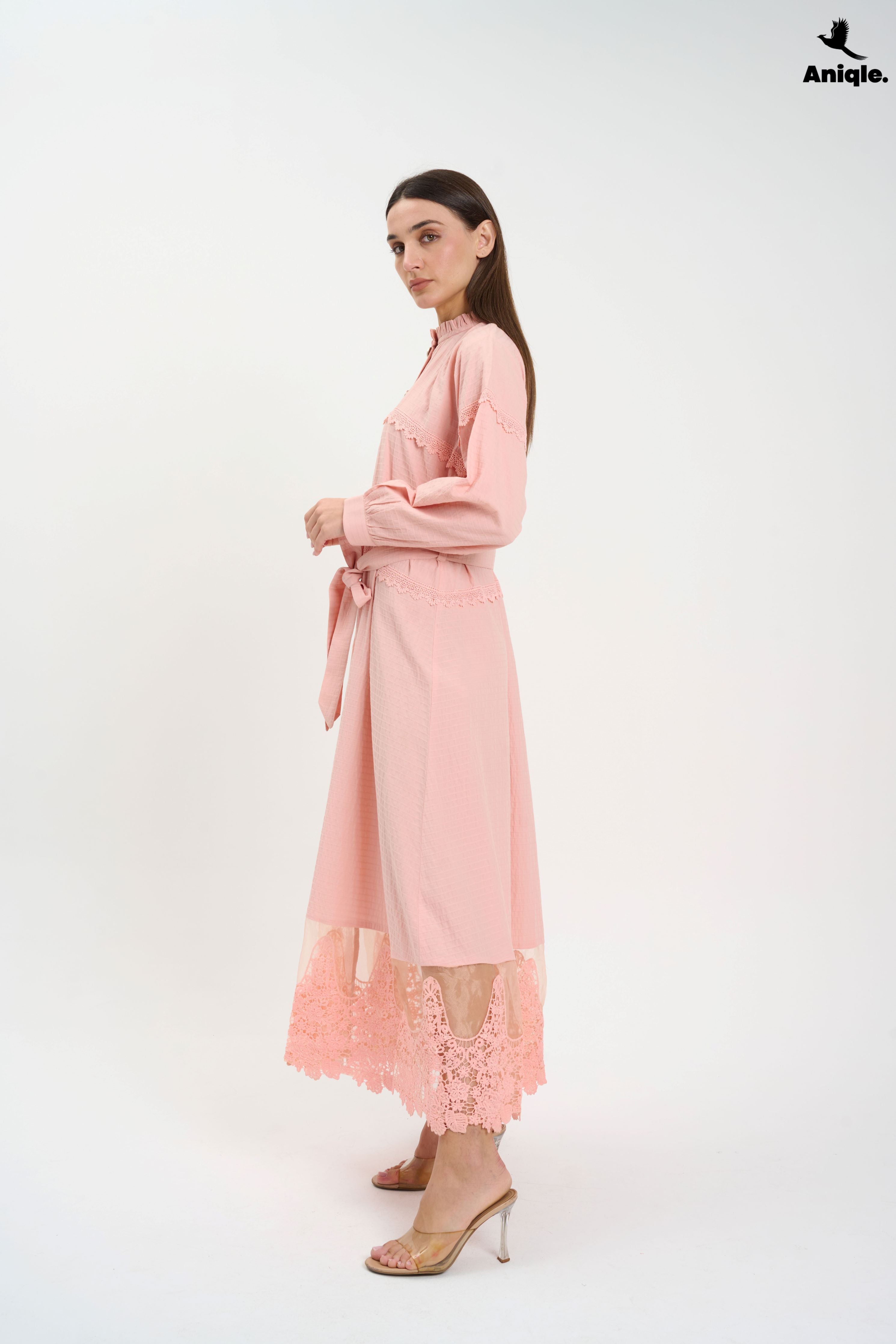 ANQ-10016 Blush Pink Lace-Trimmed Button-Down Midi Dress