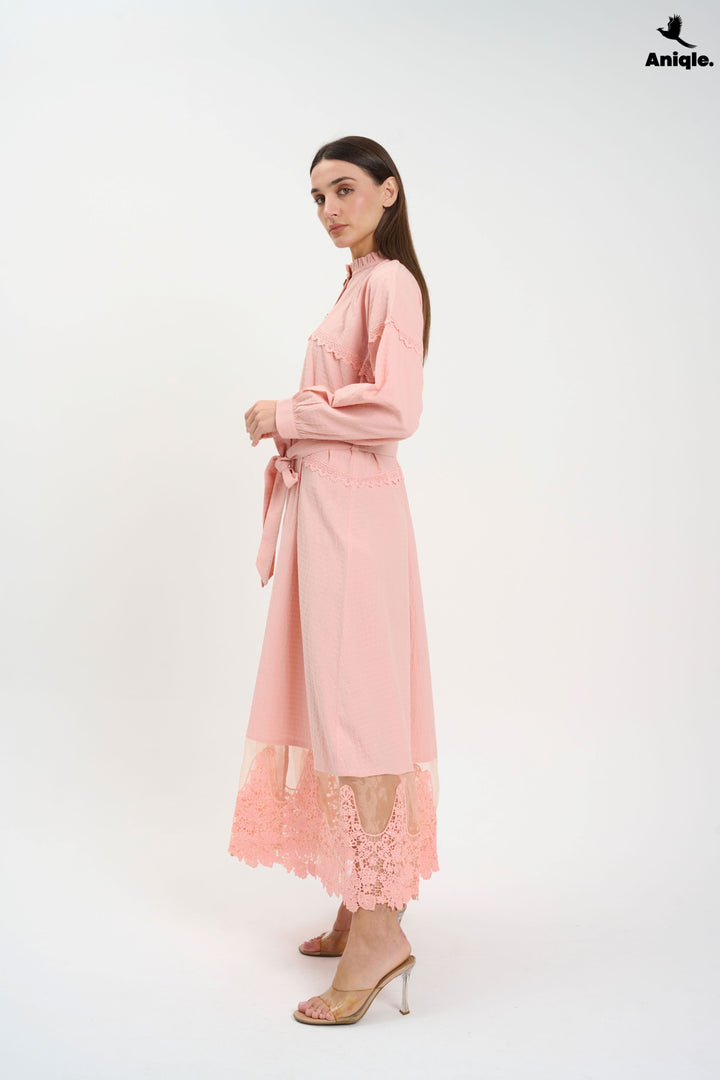 Blush Pink Lace-Trimmed Button-Down Midi Dress