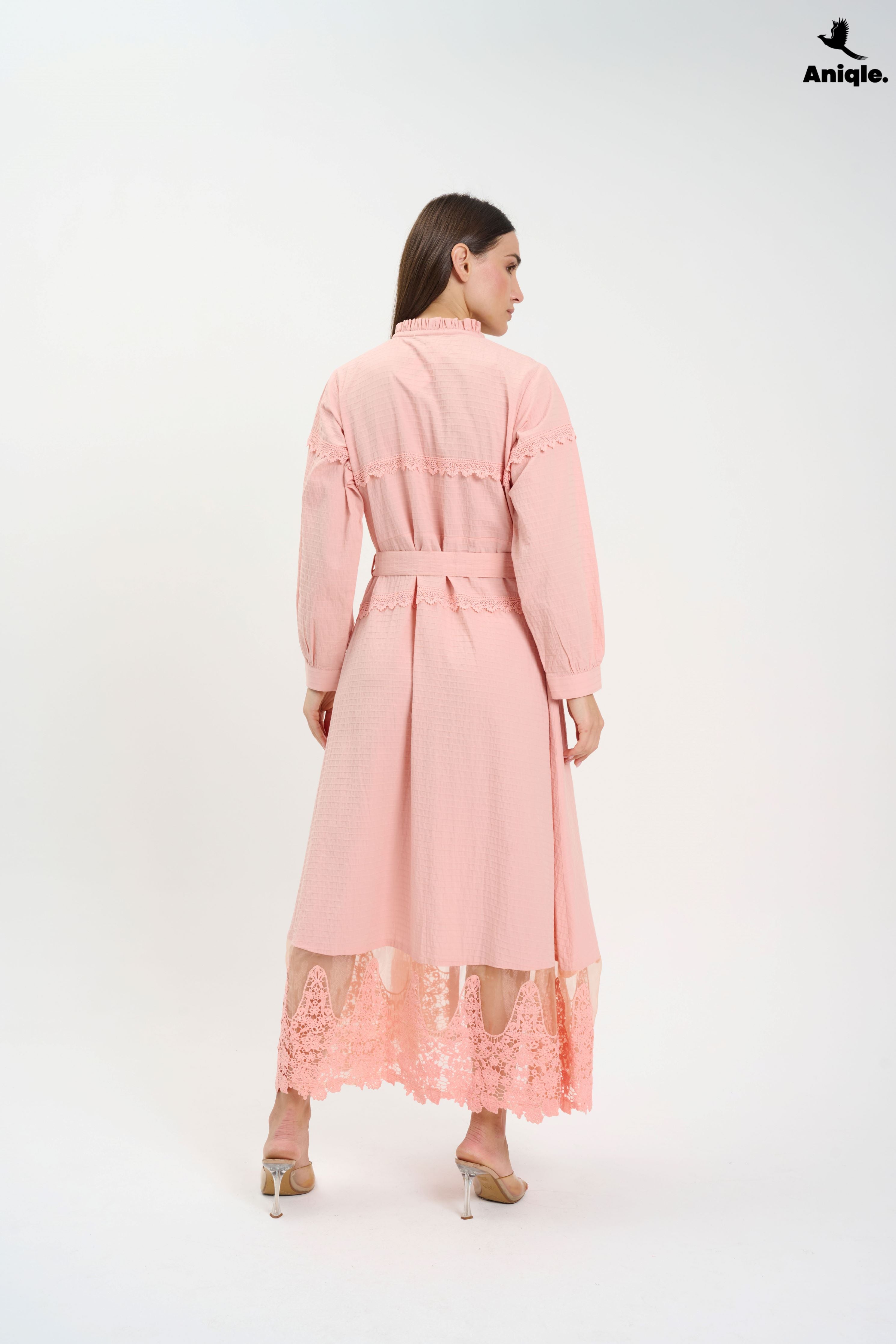 ANQ-10016 Blush Pink Lace-Trimmed Button-Down Midi Dress