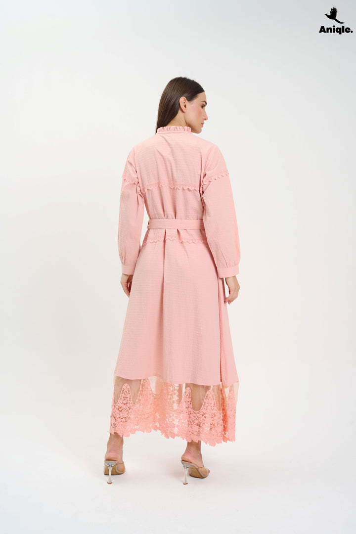 Blush Pink Lace-Trimmed Button-Down Midi Dress
