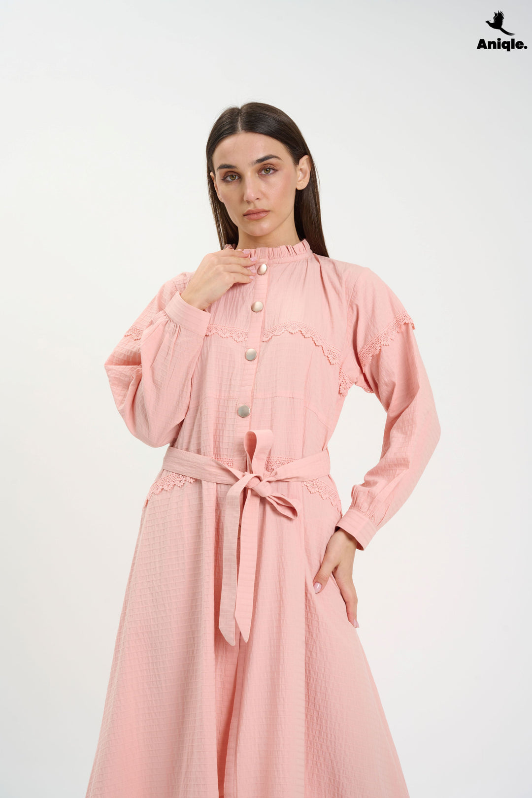Blush Pink Lace-Trimmed Button-Down Midi Dress