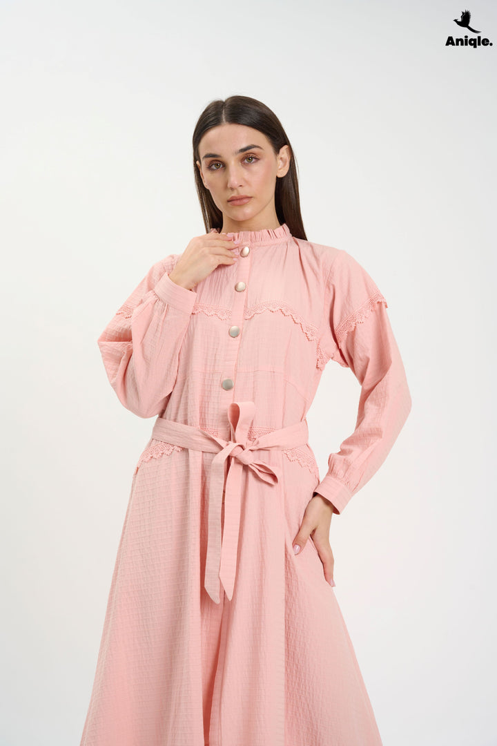 Blush Pink Lace-Trimmed Button-Down Midi Dress