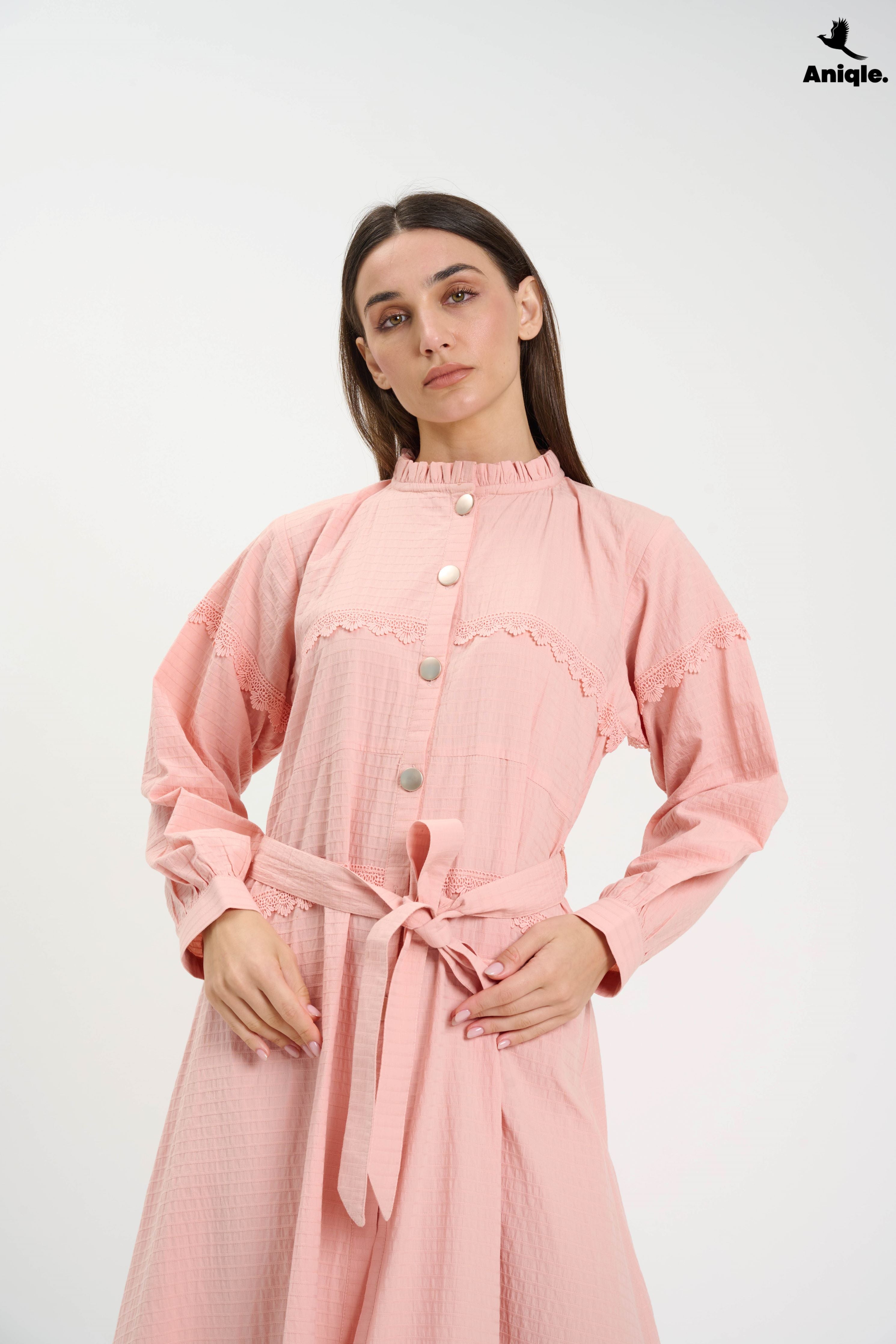 ANQ-10016 Blush Pink Lace-Trimmed Button-Down Midi Dress