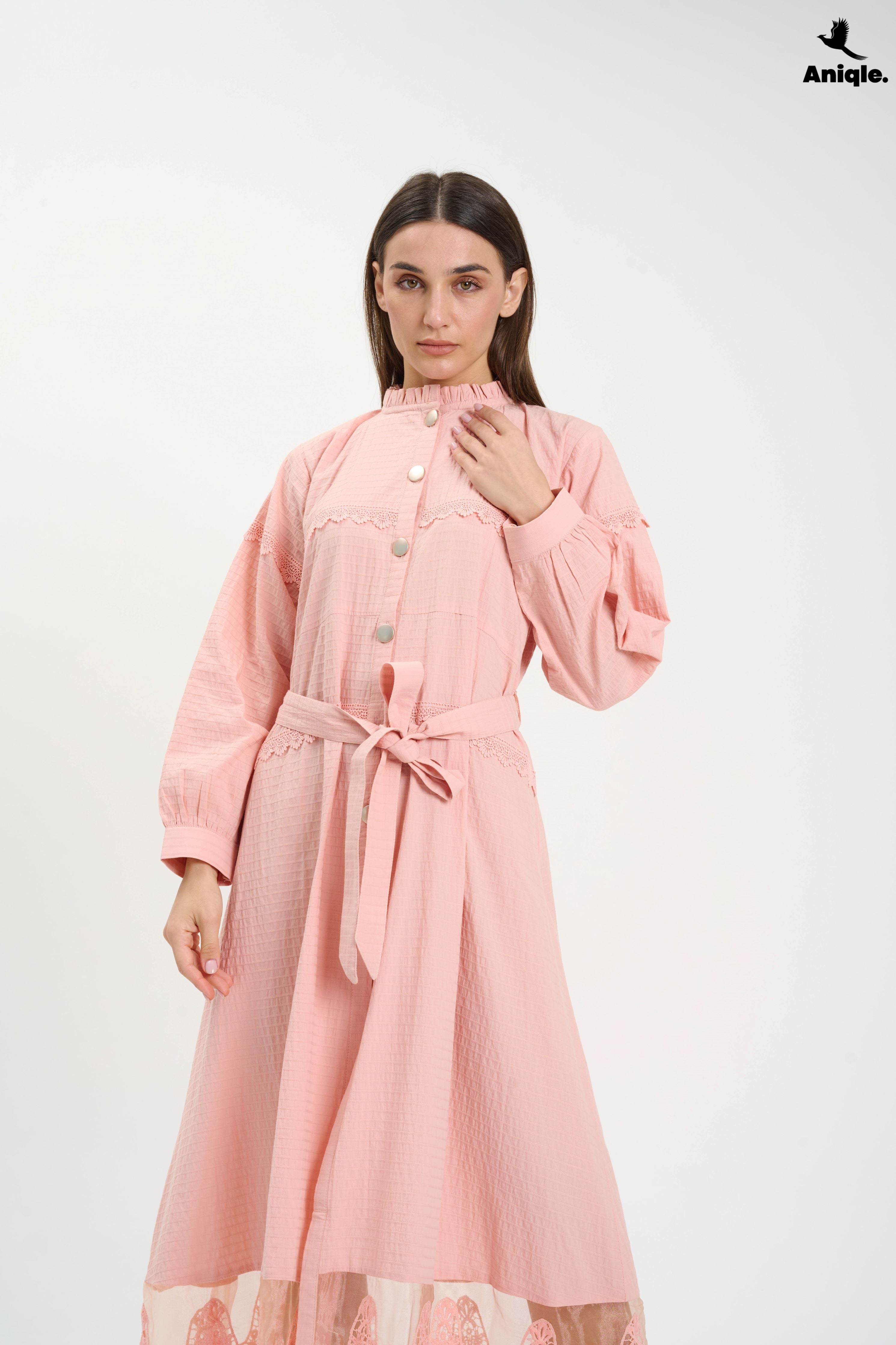 ANQ-10016 Blush Pink Lace-Trimmed Button-Down Midi Dress