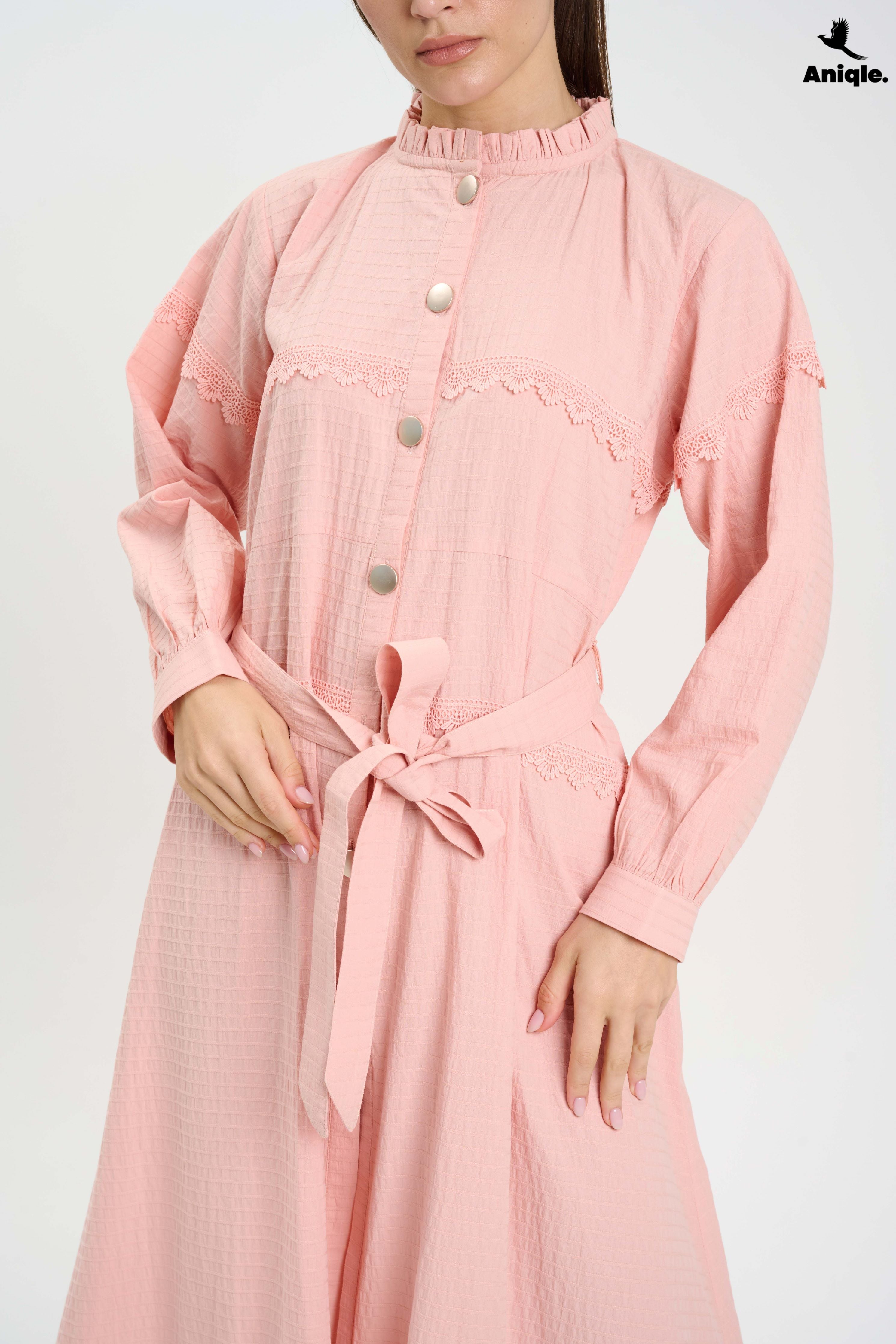 ANQ-10016 Blush Pink Lace-Trimmed Button-Down Midi Dress