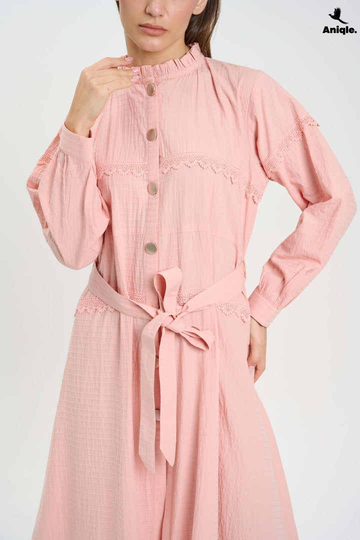 Blush Pink Lace-Trimmed Button-Down Midi Dress