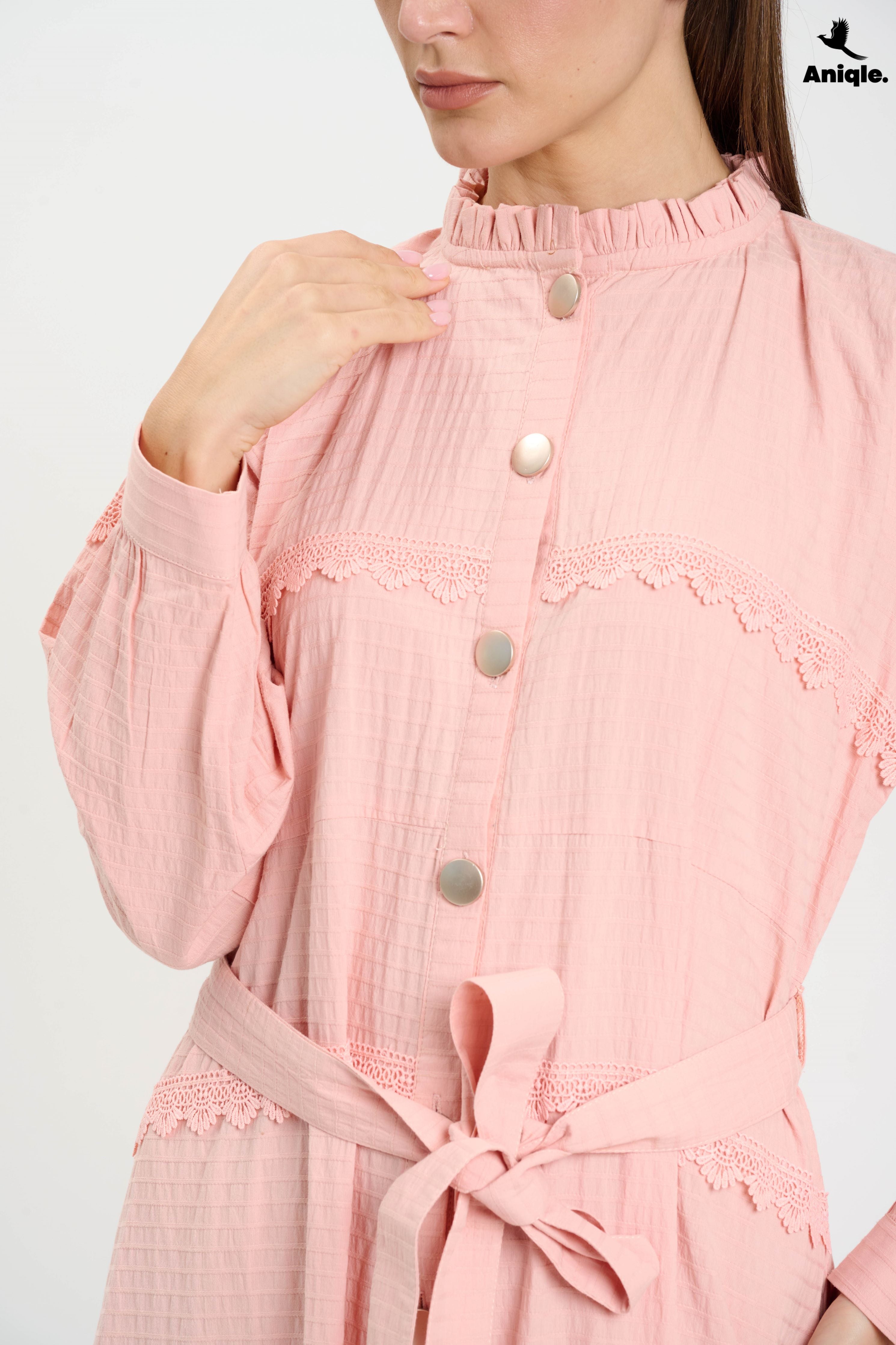 ANQ-10016 Blush Pink Lace-Trimmed Button-Down Midi Dress