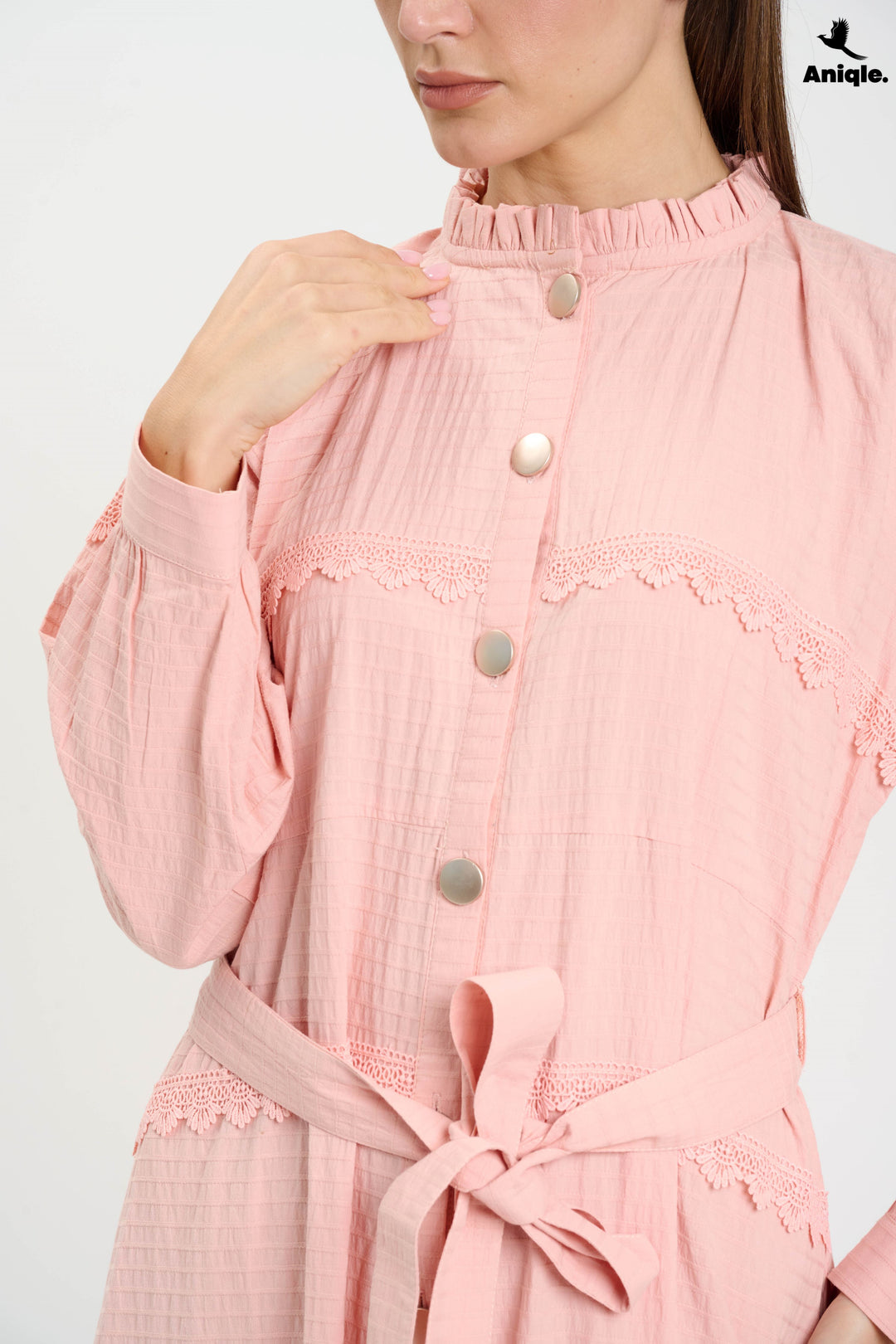 Blush Pink Lace-Trimmed Button-Down Midi Dress