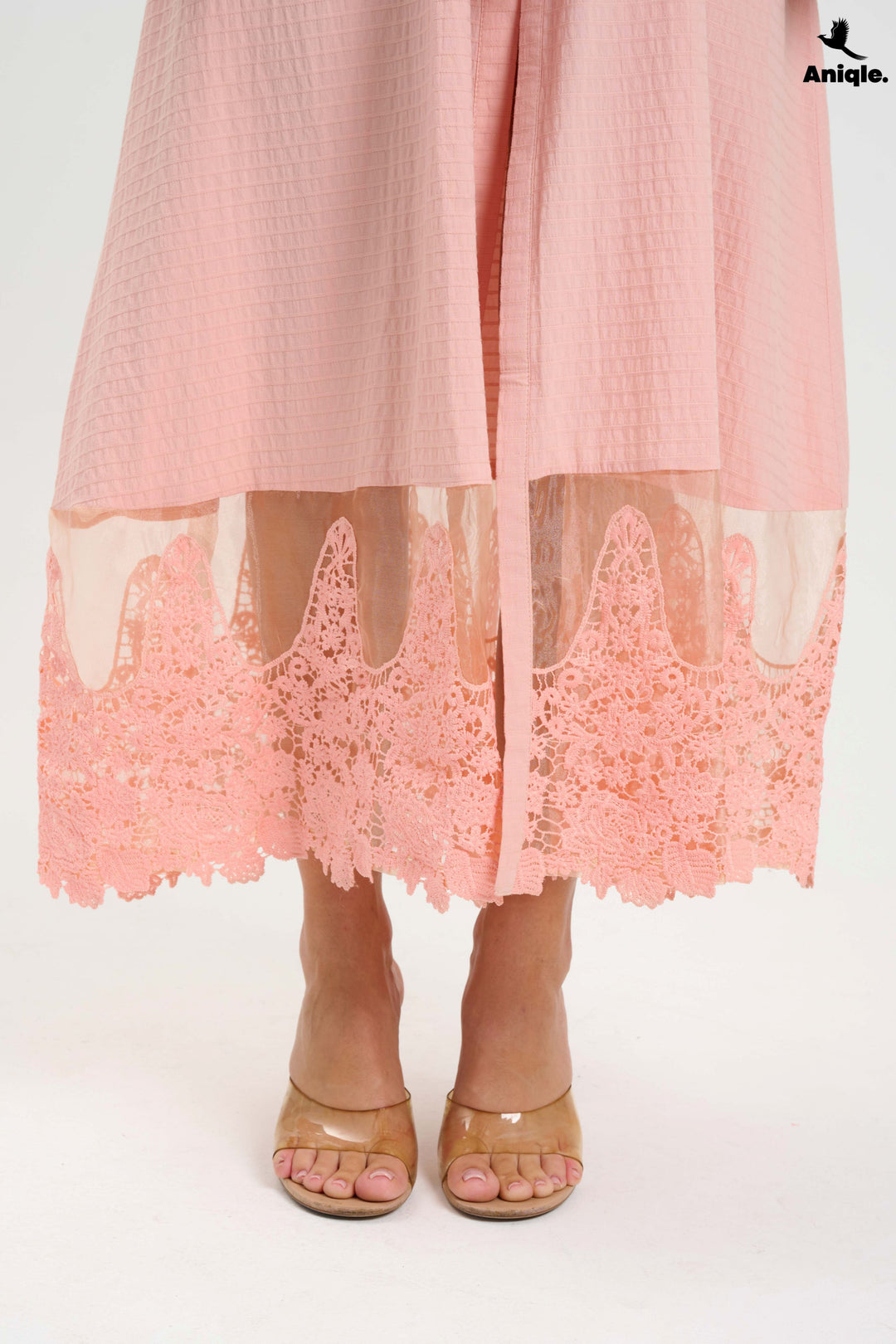 Blush Pink Lace-Trimmed Button-Down Midi Dress