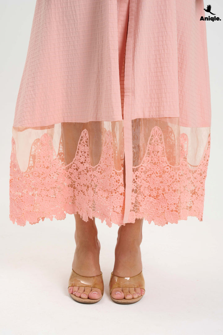 Blush Pink Lace-Trimmed Button-Down Midi Dress