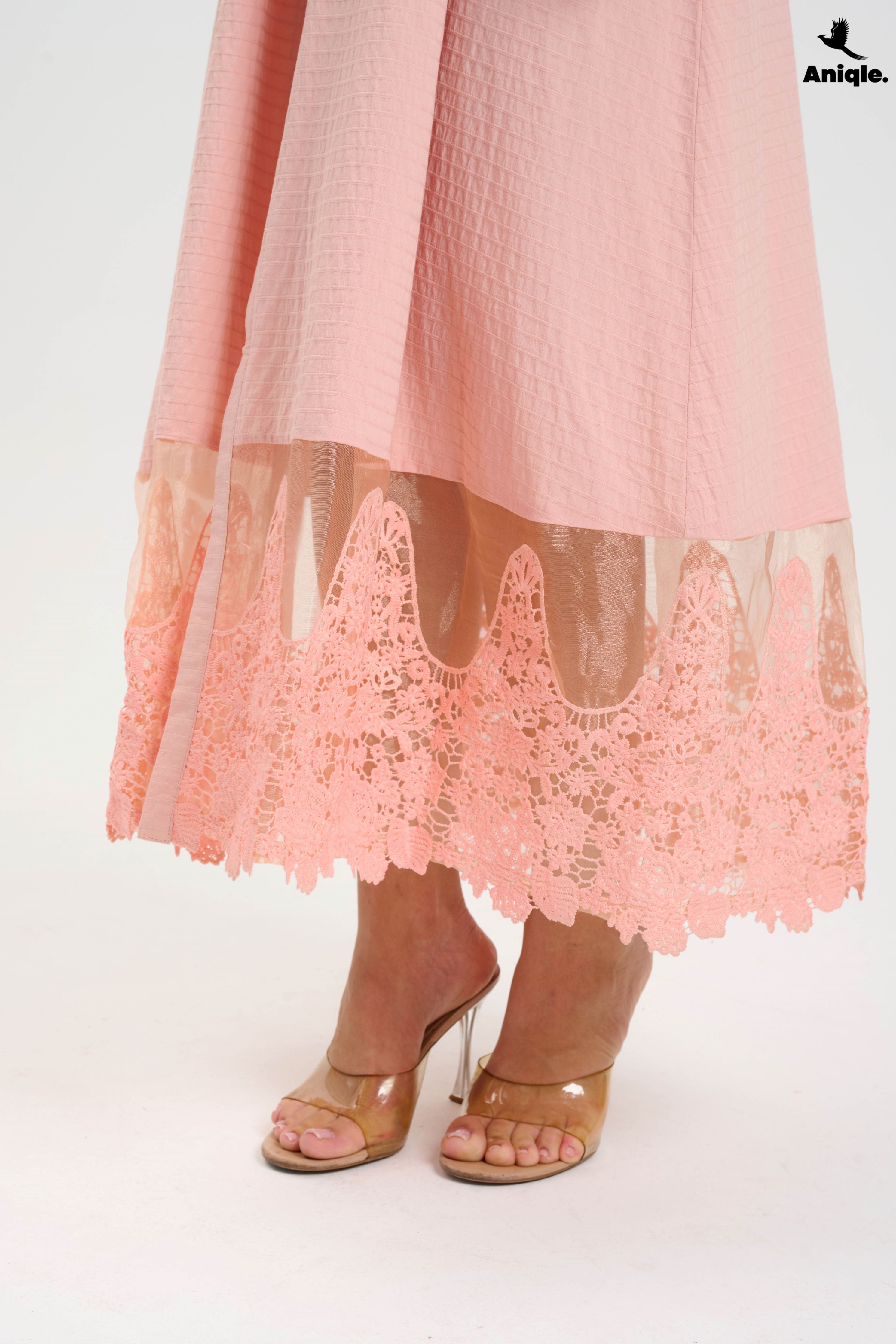 ANQ-10016 Blush Pink Lace-Trimmed Button-Down Midi Dress