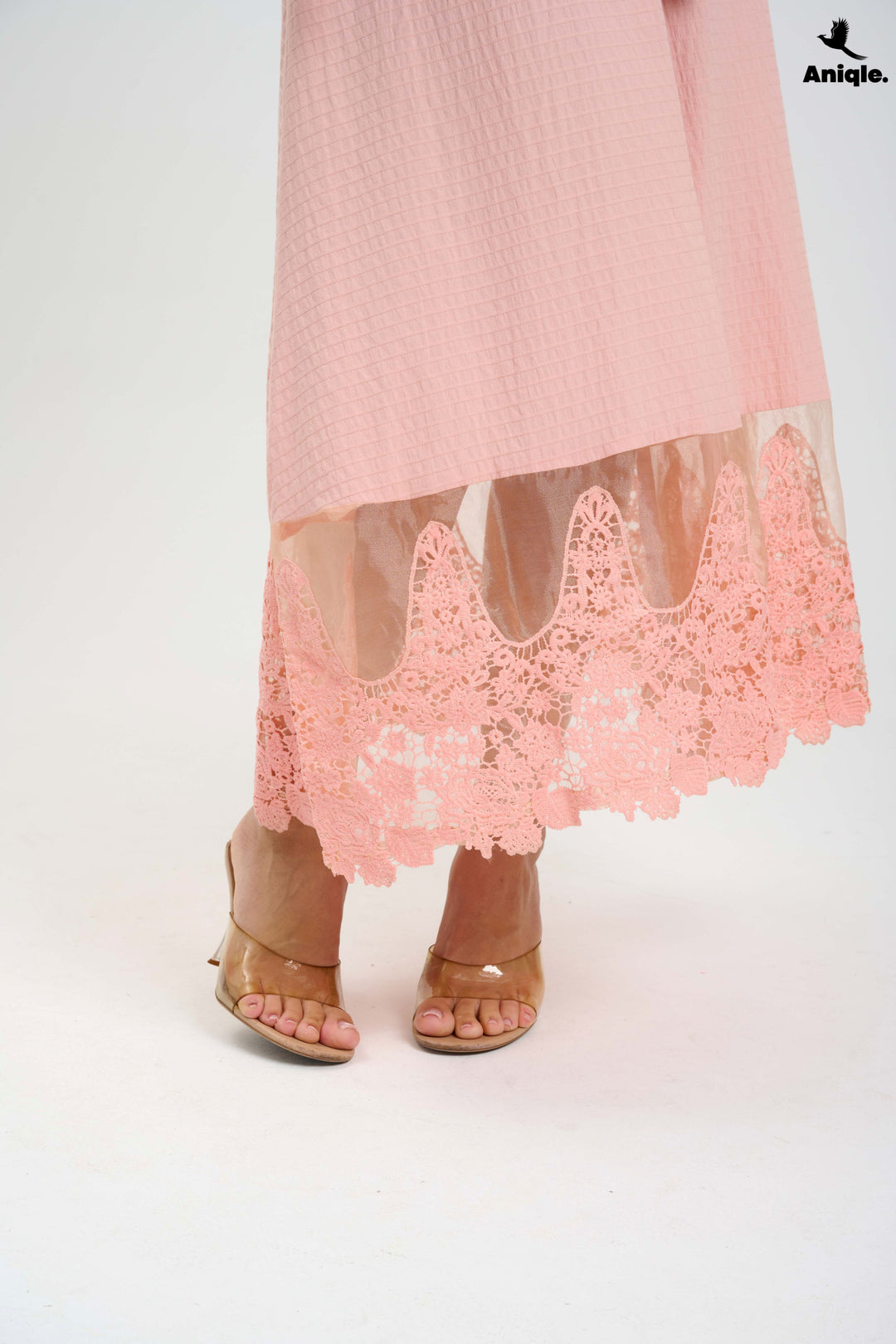 Blush Pink Lace-Trimmed Button-Down Midi Dress