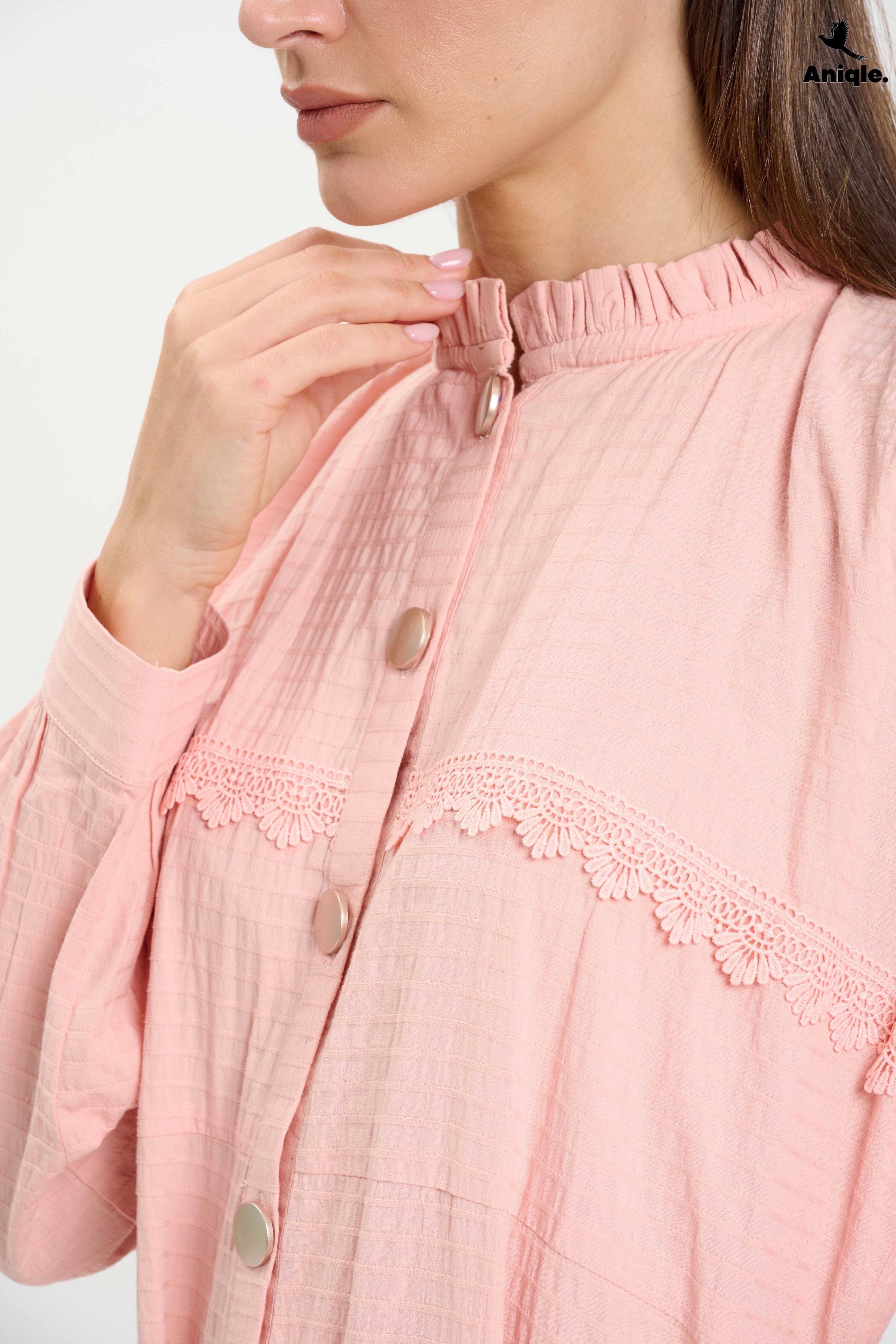 ANQ-10016 Blush Pink Lace-Trimmed Button-Down Midi Dress