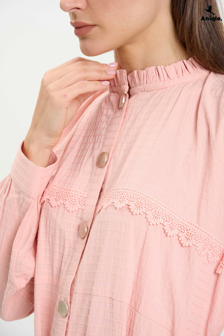 Blush Pink Lace-Trimmed Button-Down Midi Dress